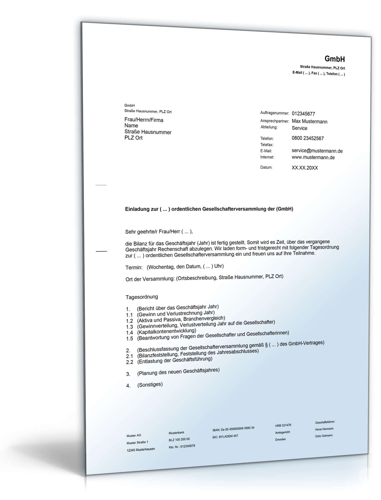 Hauptbild des Produkts: Einladung ordentliche Gesellschafterversammlung GmbH