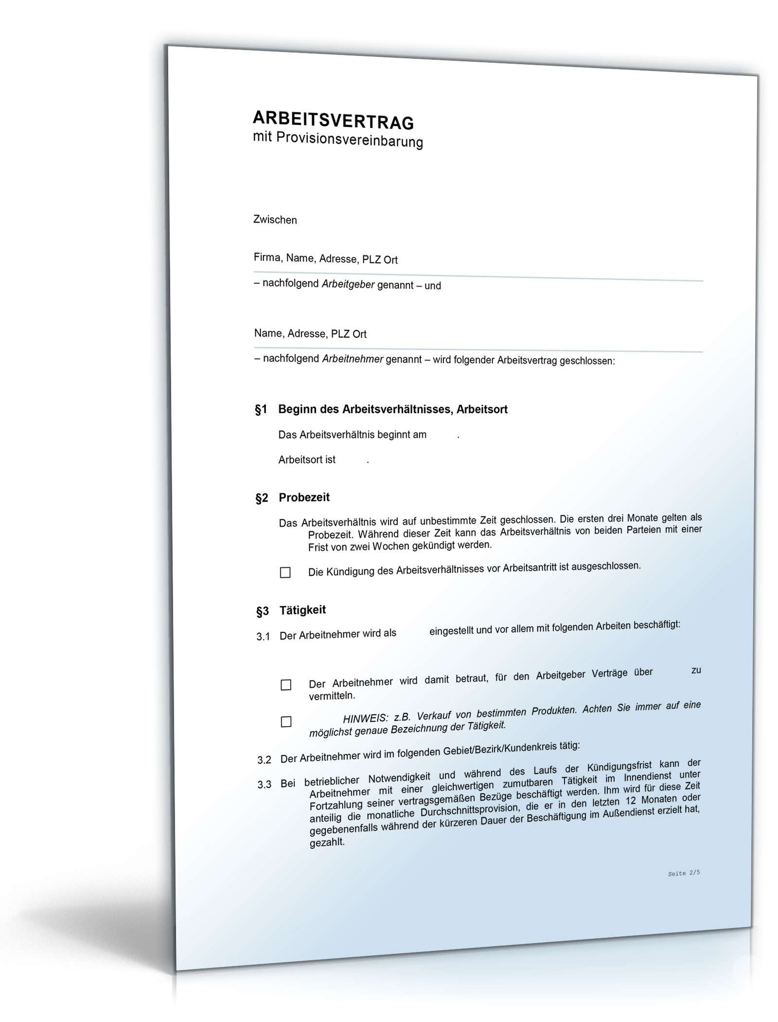 Hauptbild des Produkts: Arbeitsvertrag Provisionsvereinbarung