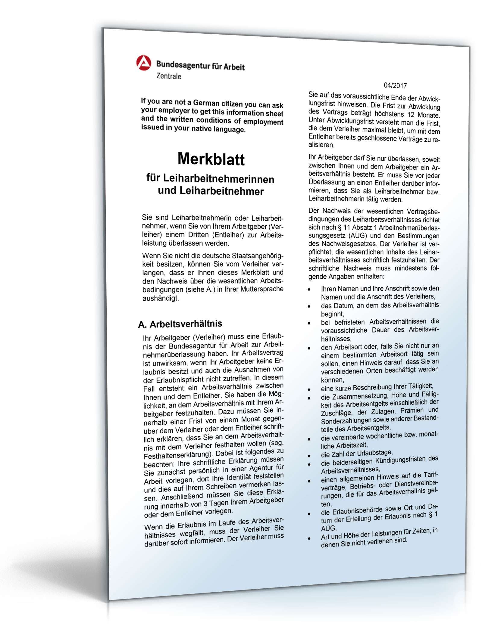 Hauptbild des Produkts: Merkblatt für Leiharbeitnehmer
