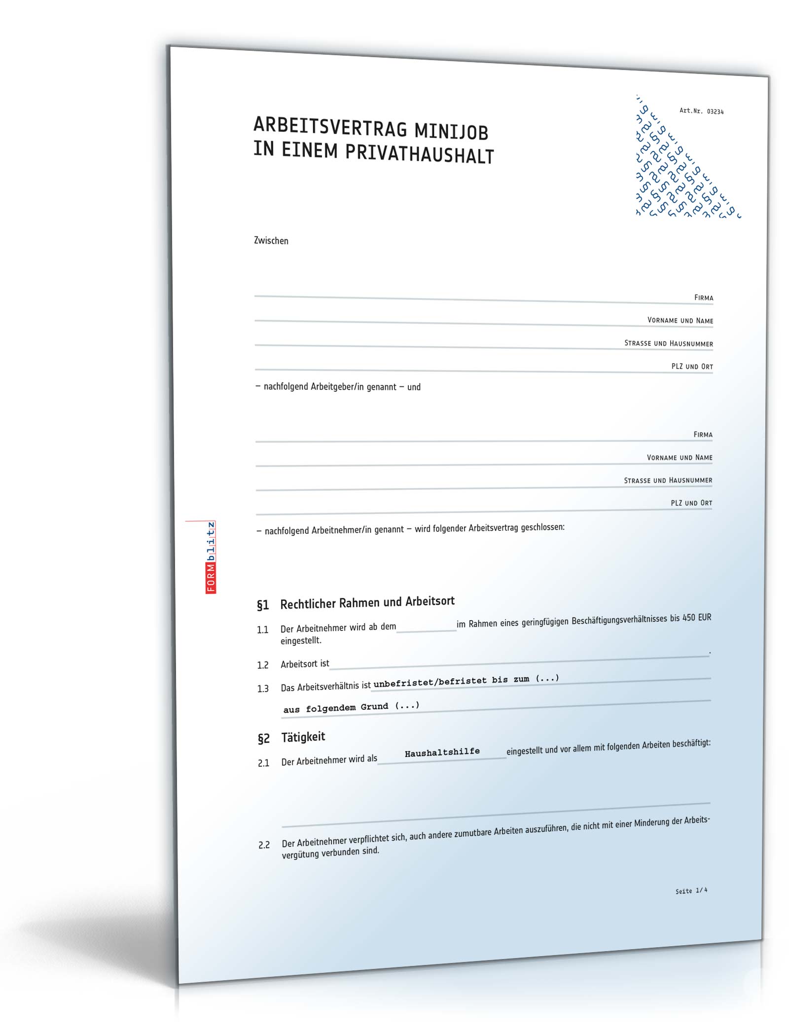 Hauptbild des Produkts: Arbeitsvertrag Minijob PDF