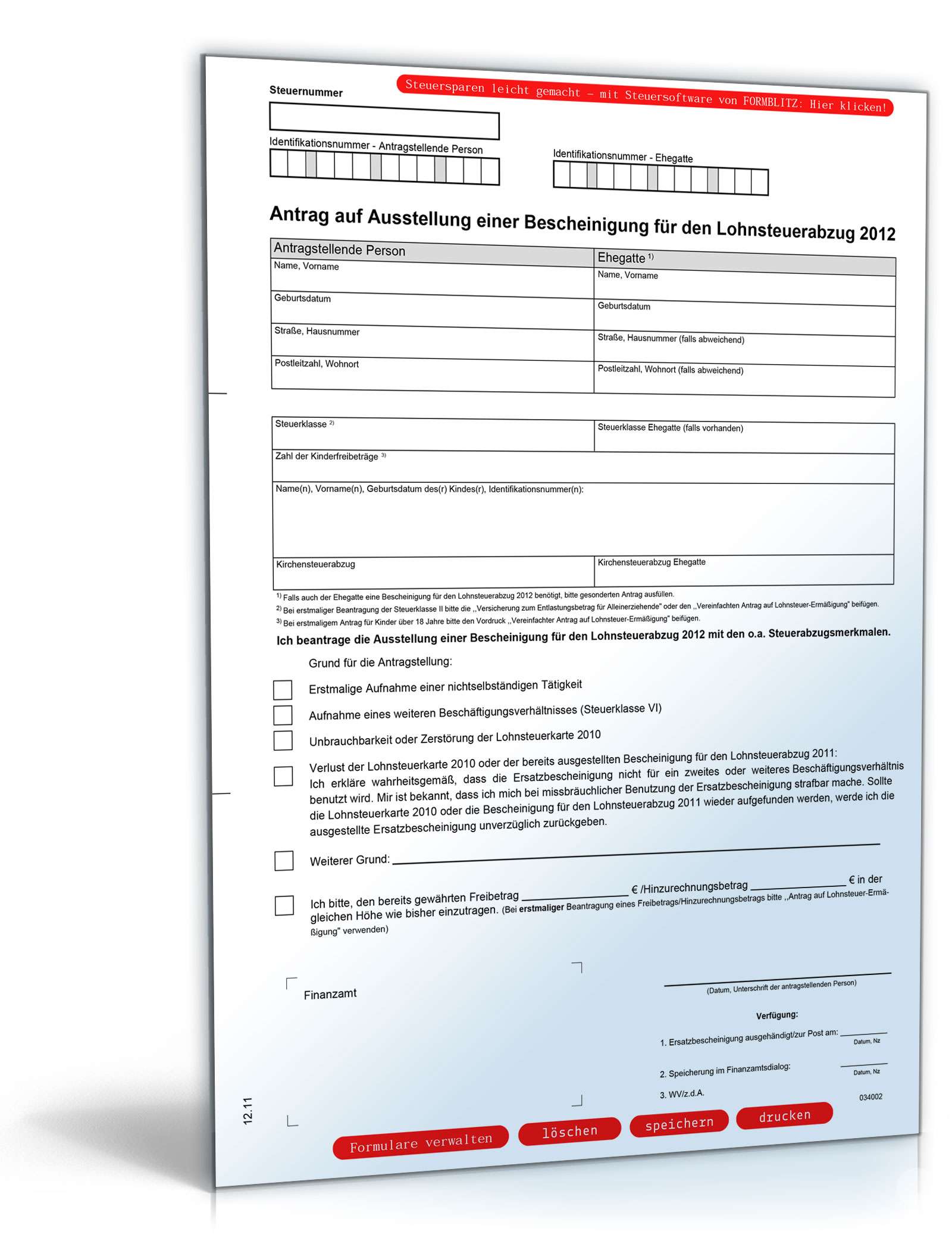 Hauptbild des Produkts: Antrag Bescheinigung für Lohnsteuerabzug 2012