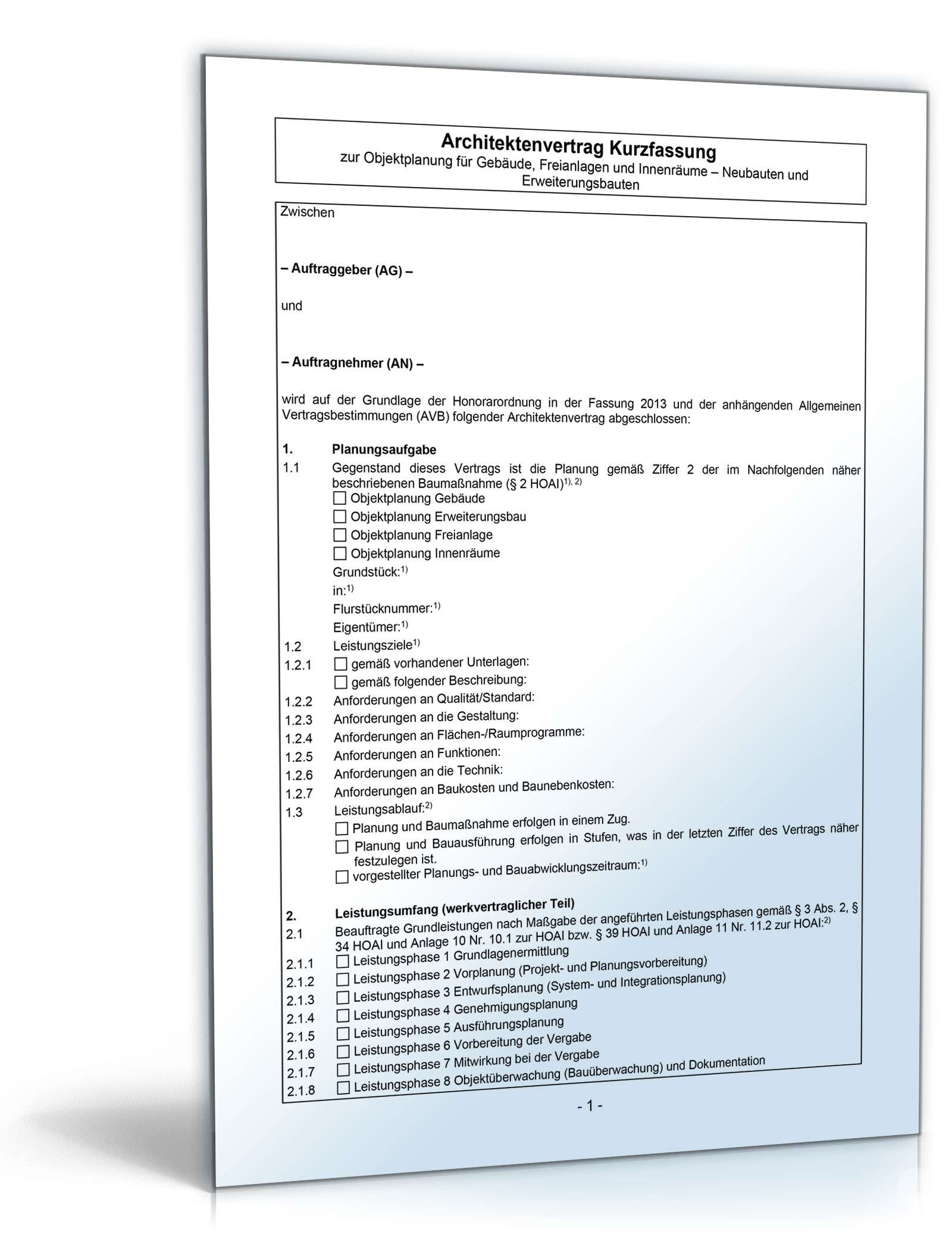 Hauptbild des Produkts: Architektenvertrag zur Objektplanung WEKA Fachverlag - Kurzfassung