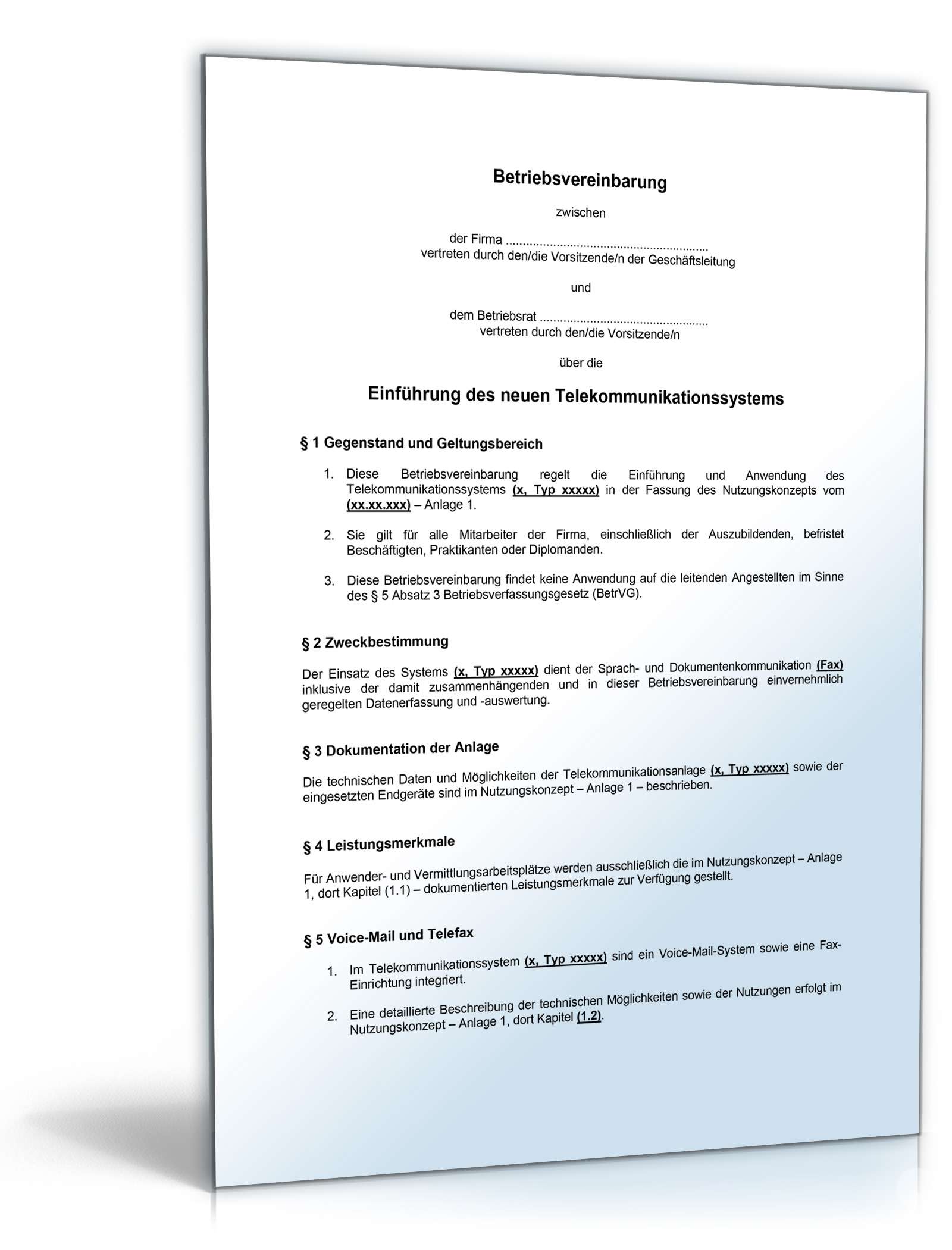Hauptbild des Produkts: Betriebsvereinbarung Telekommunikationssystem