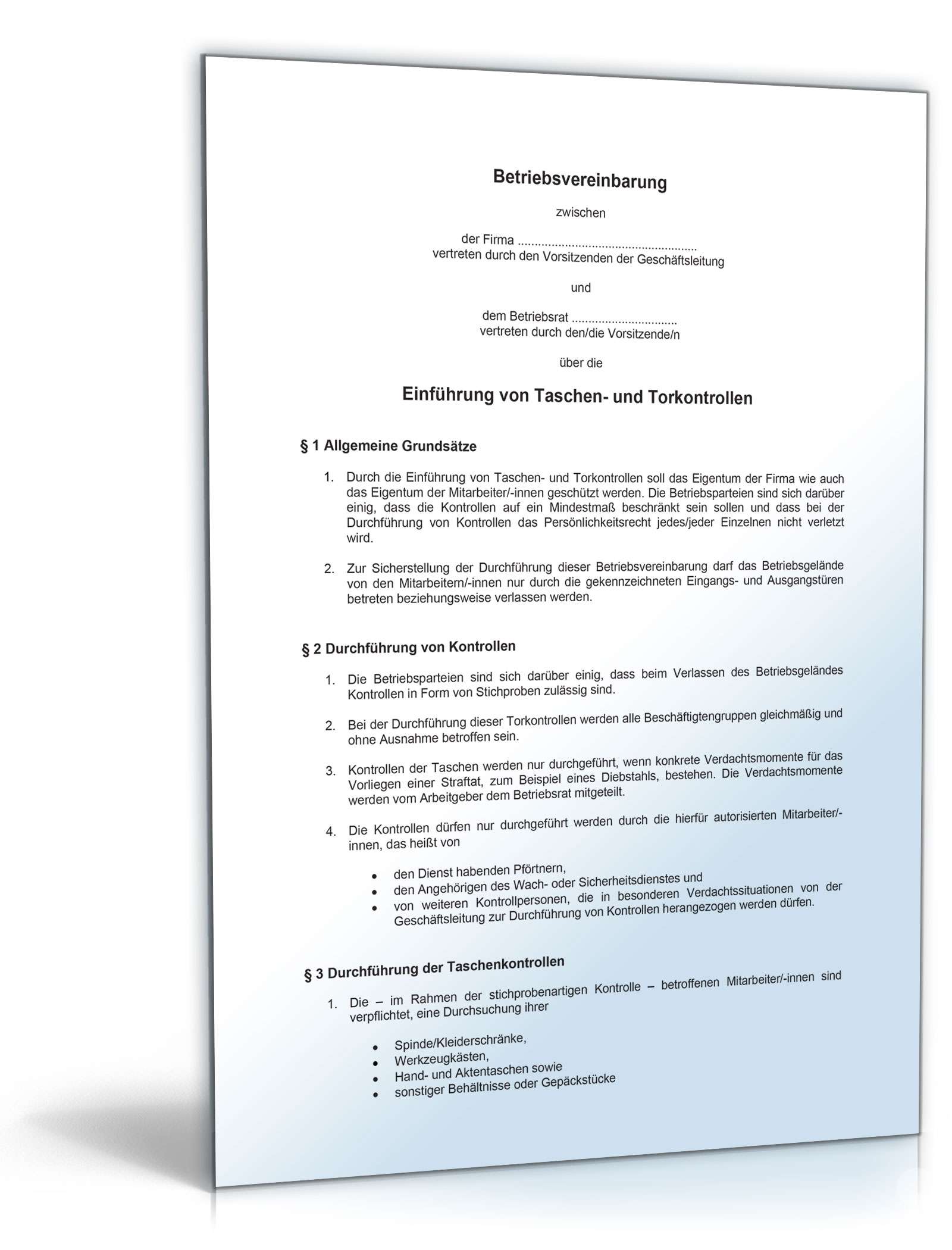 Hauptbild des Produkts: Betriebsvereinbarung über die Einführung von Taschen- und Torkontrollen