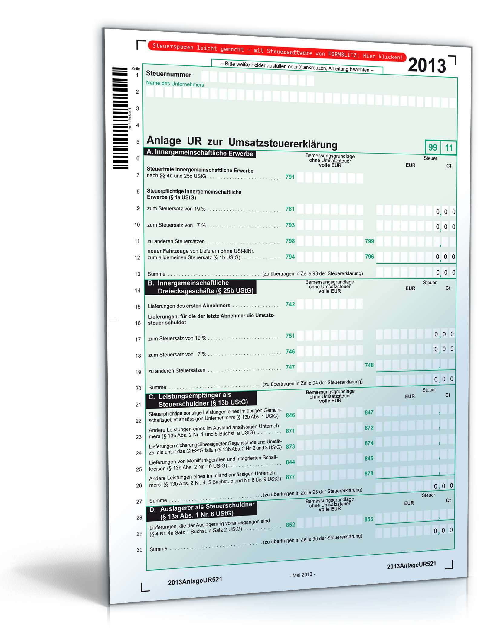 Hauptbild des Produkts: Anlage UR zur Umsatzsteuererklärung 2013