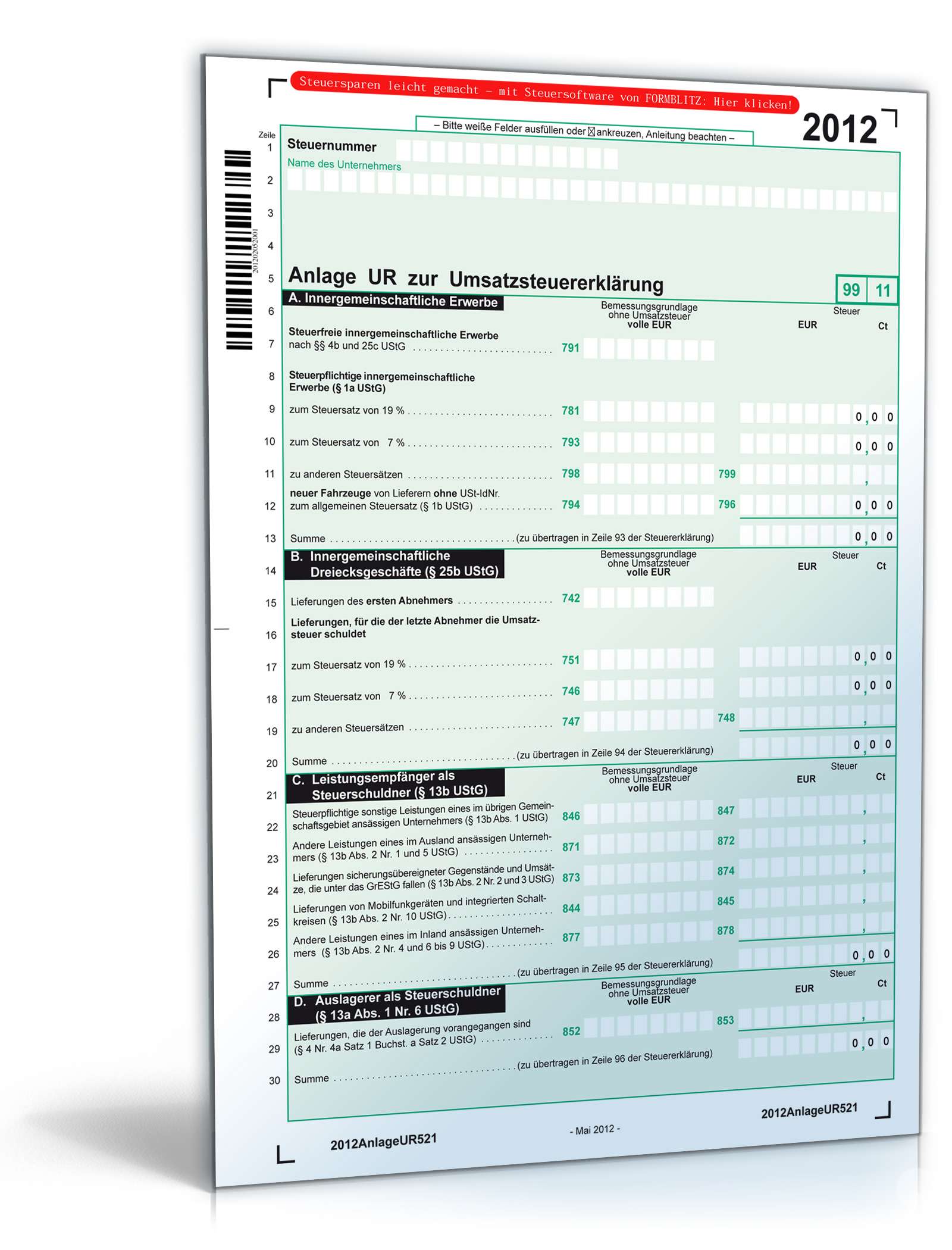 Hauptbild des Produkts: Anlage UR zur Umsatzsteuererklärung 2012