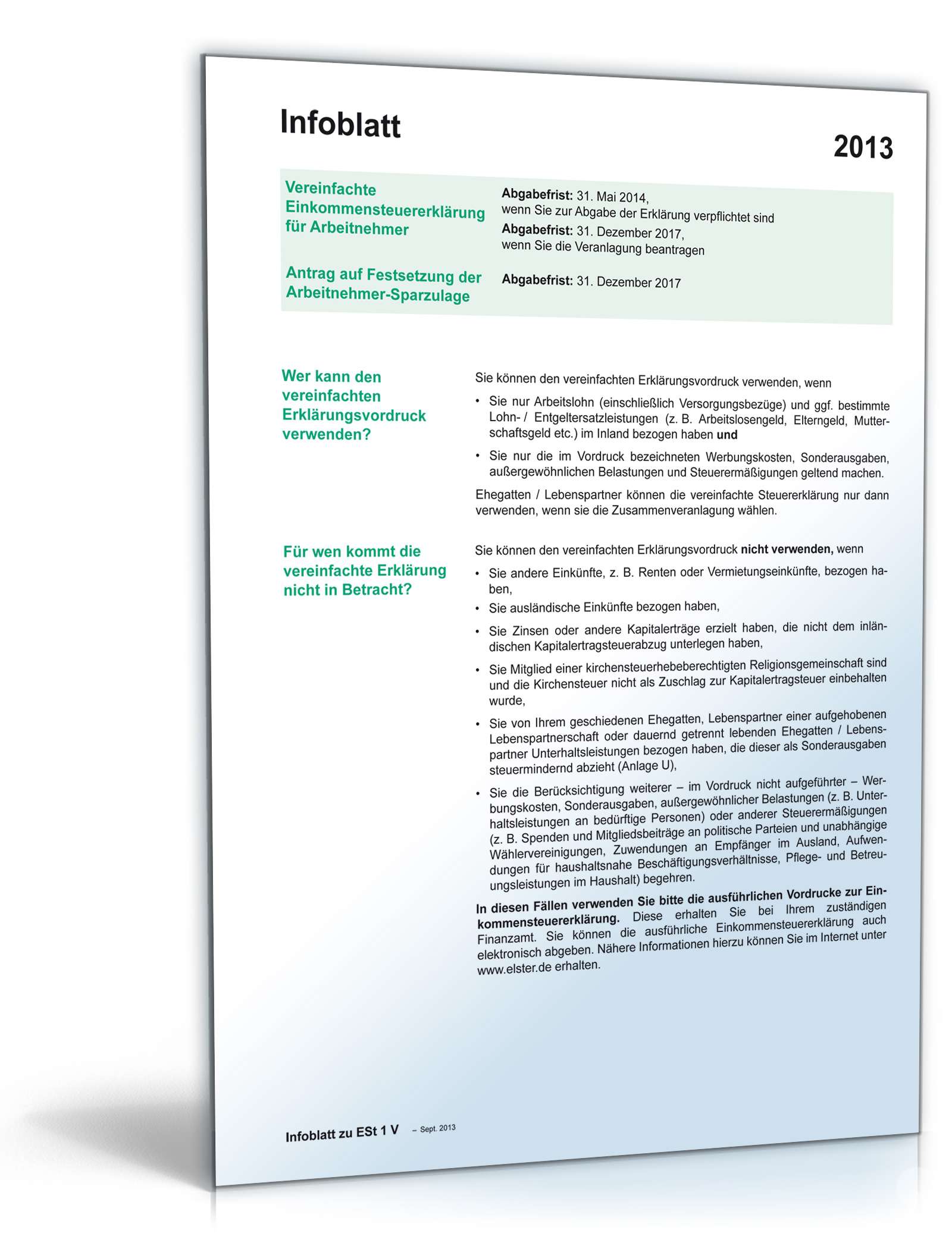Hauptbild des Produkts: Anleitung vereinfachte Einkommensteuererklärung 2013