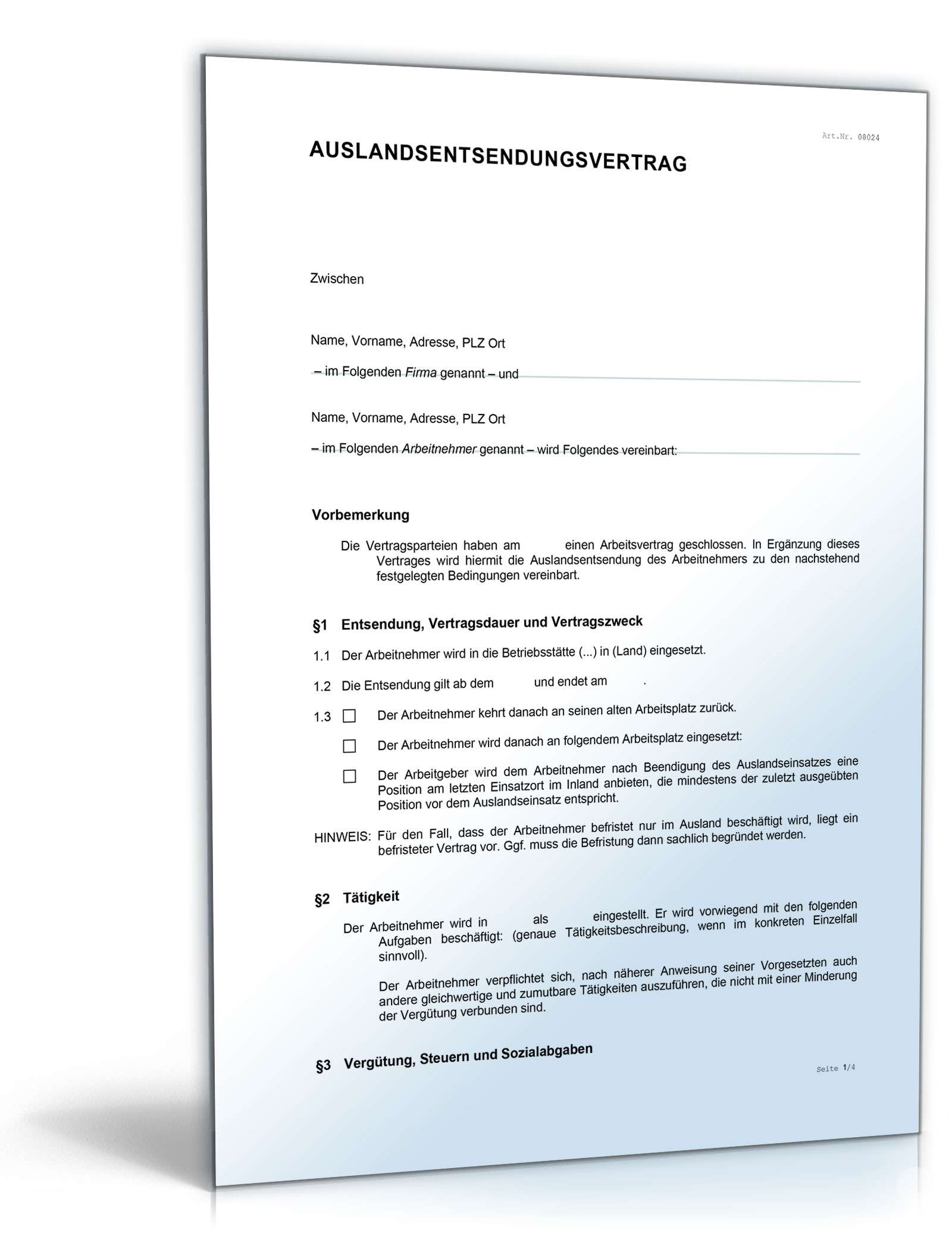 Hauptbild des Produkts: Arbeitsvertrag Zusatzvereinbarung Auslandsentsendung
