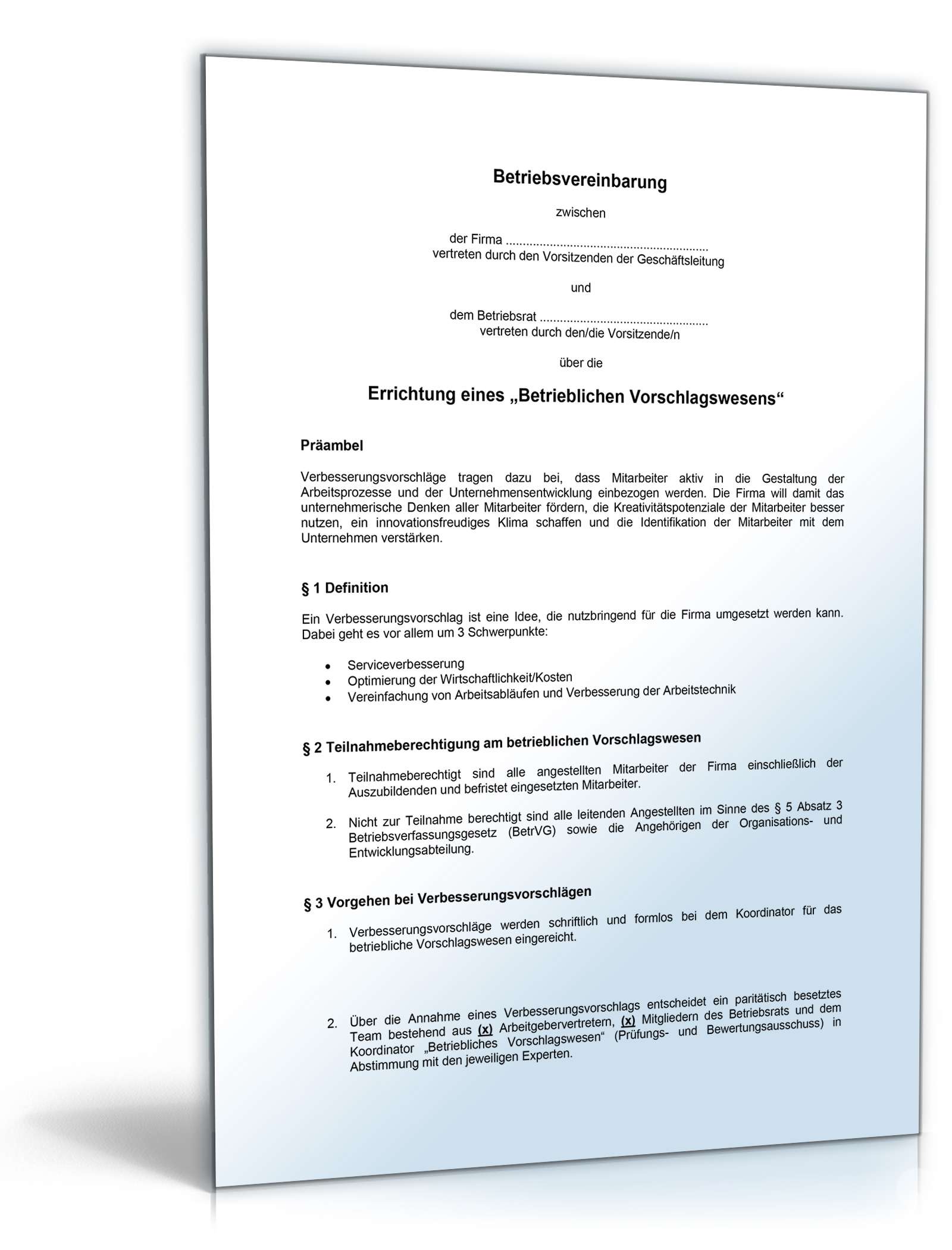 Hauptbild des Produkts: Betriebsvereinbarung Vorschlagswesen