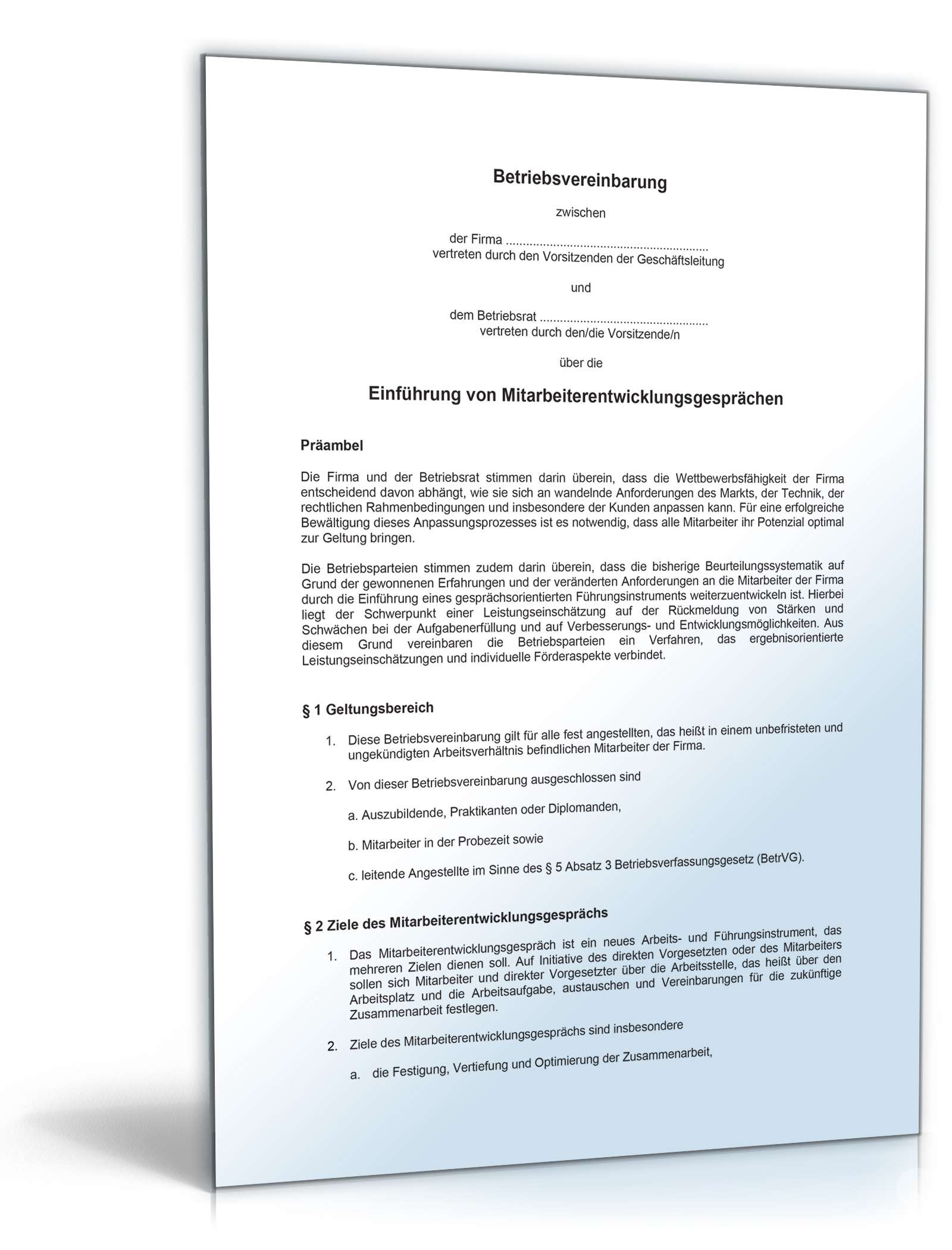 Hauptbild des Produkts: Betriebsvereinbarung über die Einführung von Mitarbeiterentwicklungsgesprächen