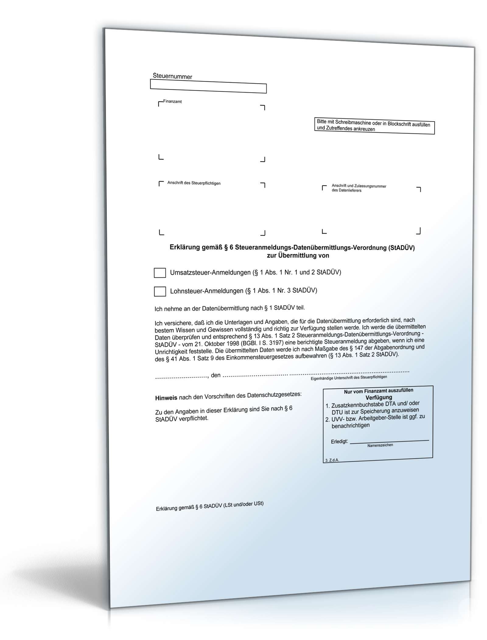 Hauptbild des Produkts: Erklärung gemäß § 6 Steueranmeldungs-Datenübermittlungs-Verordnung