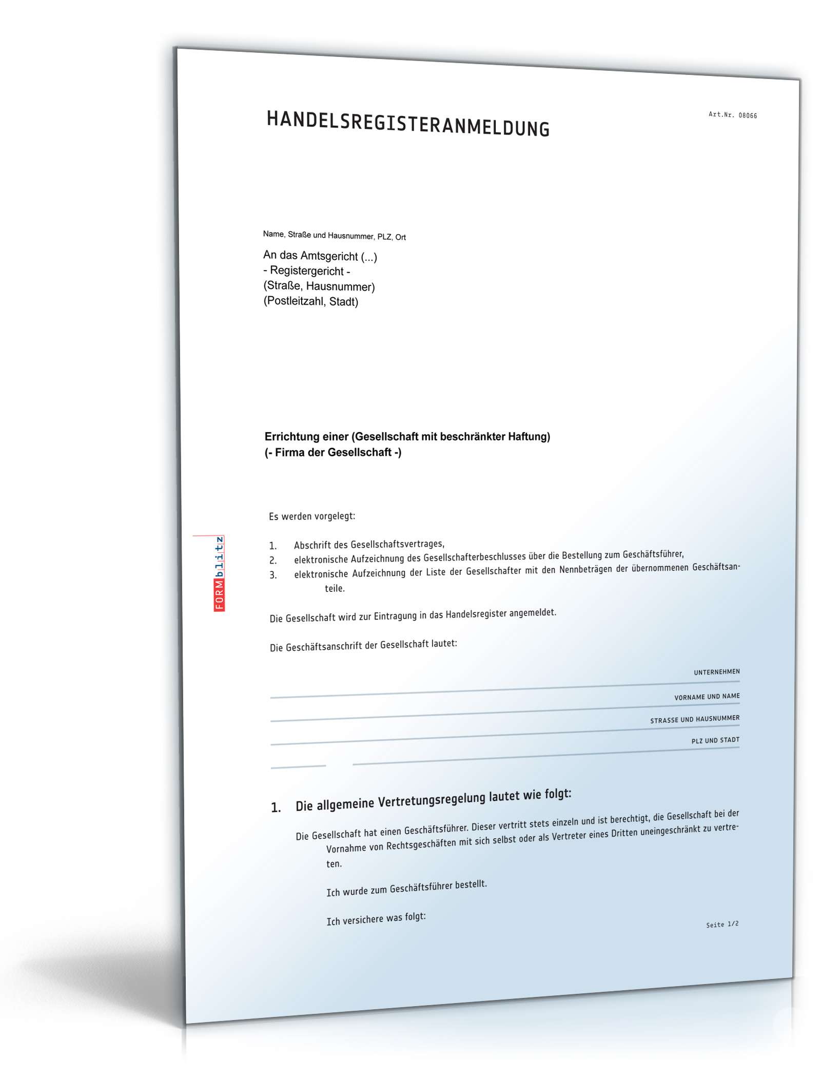 Hauptbild des Produkts: Handelsregisteranmeldung GmbH 