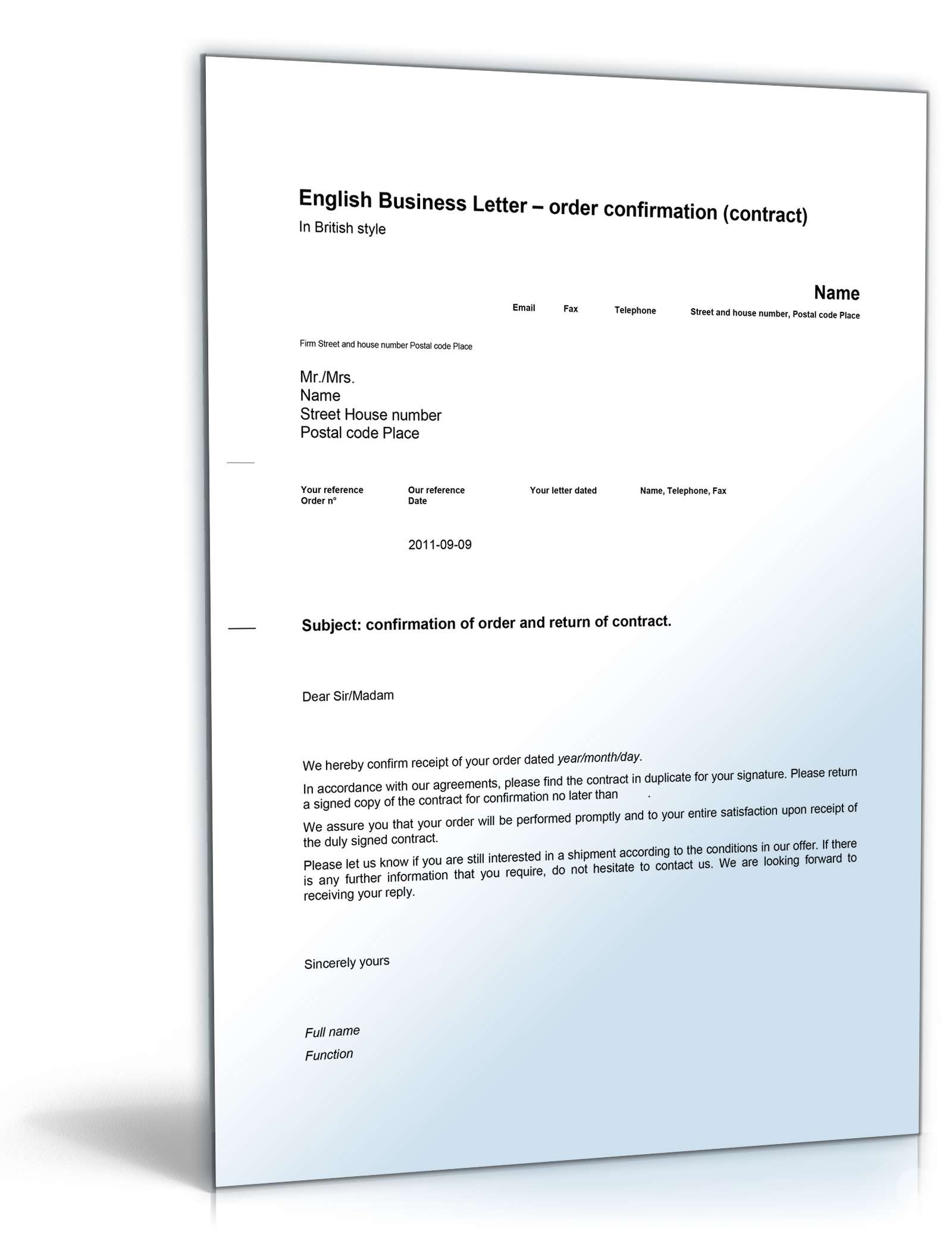 Hauptbild des Produkts: Auftragsbestätigung auf Englisch: Order Confirmation