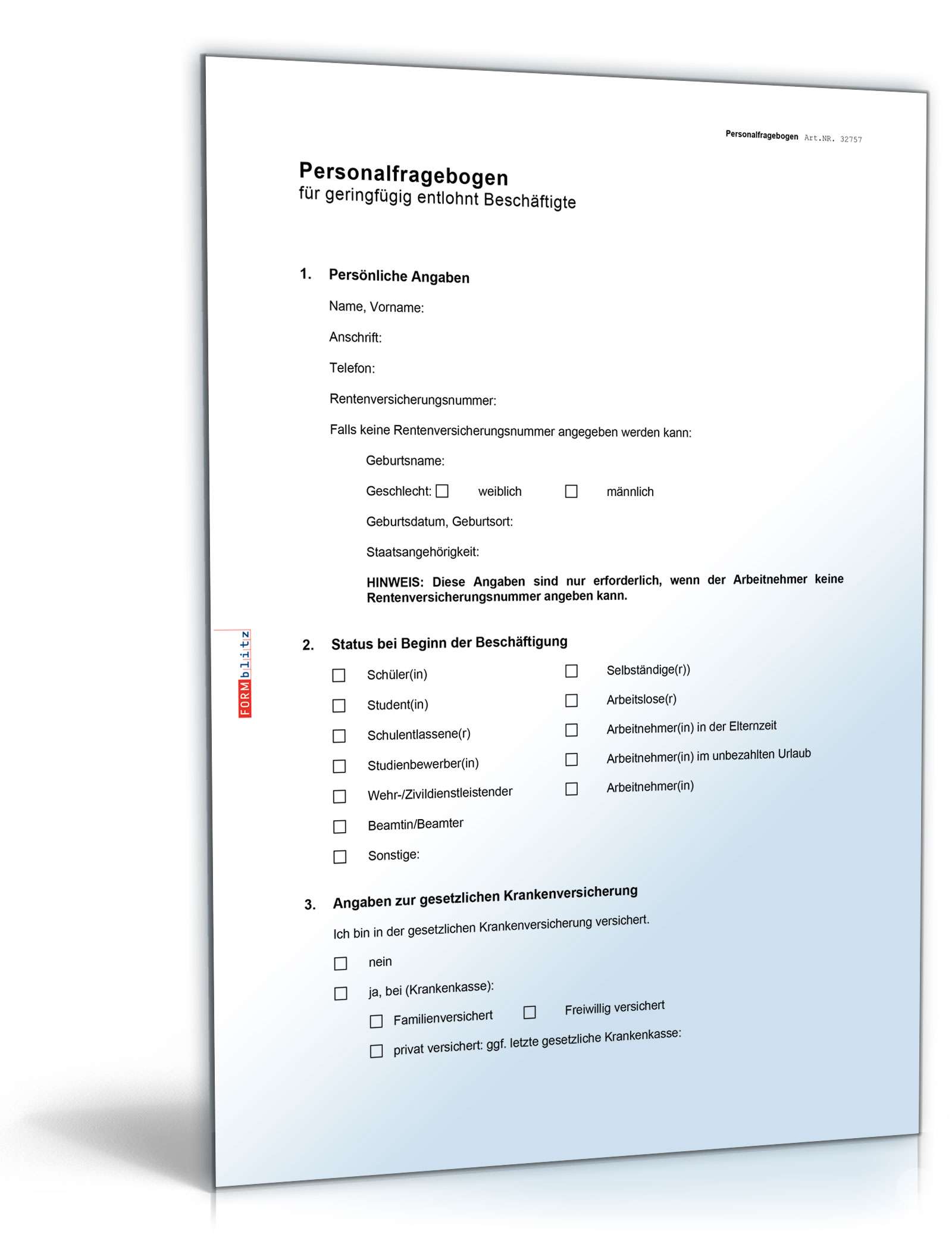 Hauptbild des Produkts: Personalfragebogen Minijob 2024