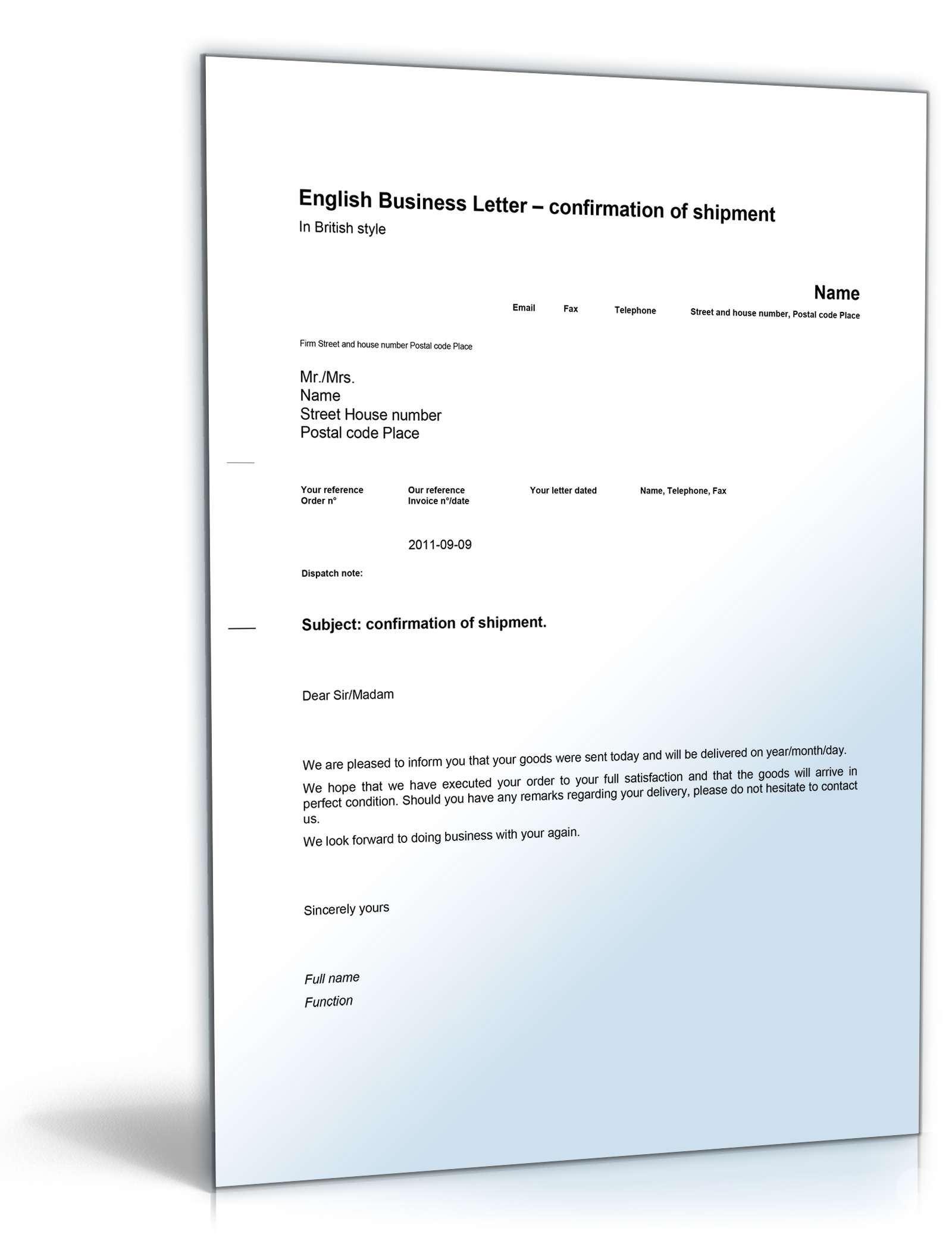 Hauptbild des Produkts: Geschäftsbrief Versandbestätigung (Shipment confirmation) 