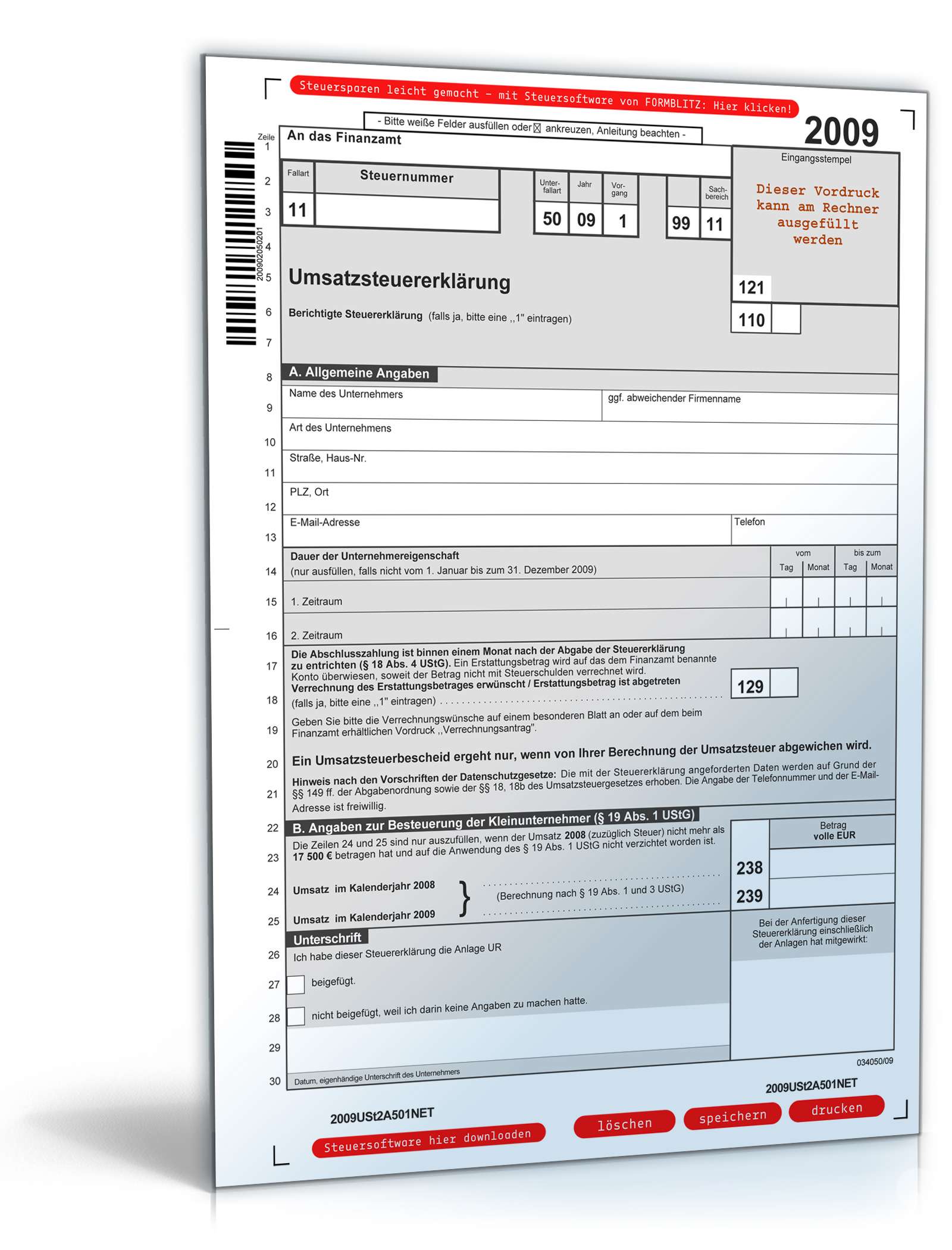 Hauptbild des Produkts: Hauptbogen Umsatzsteuererklärung 2009