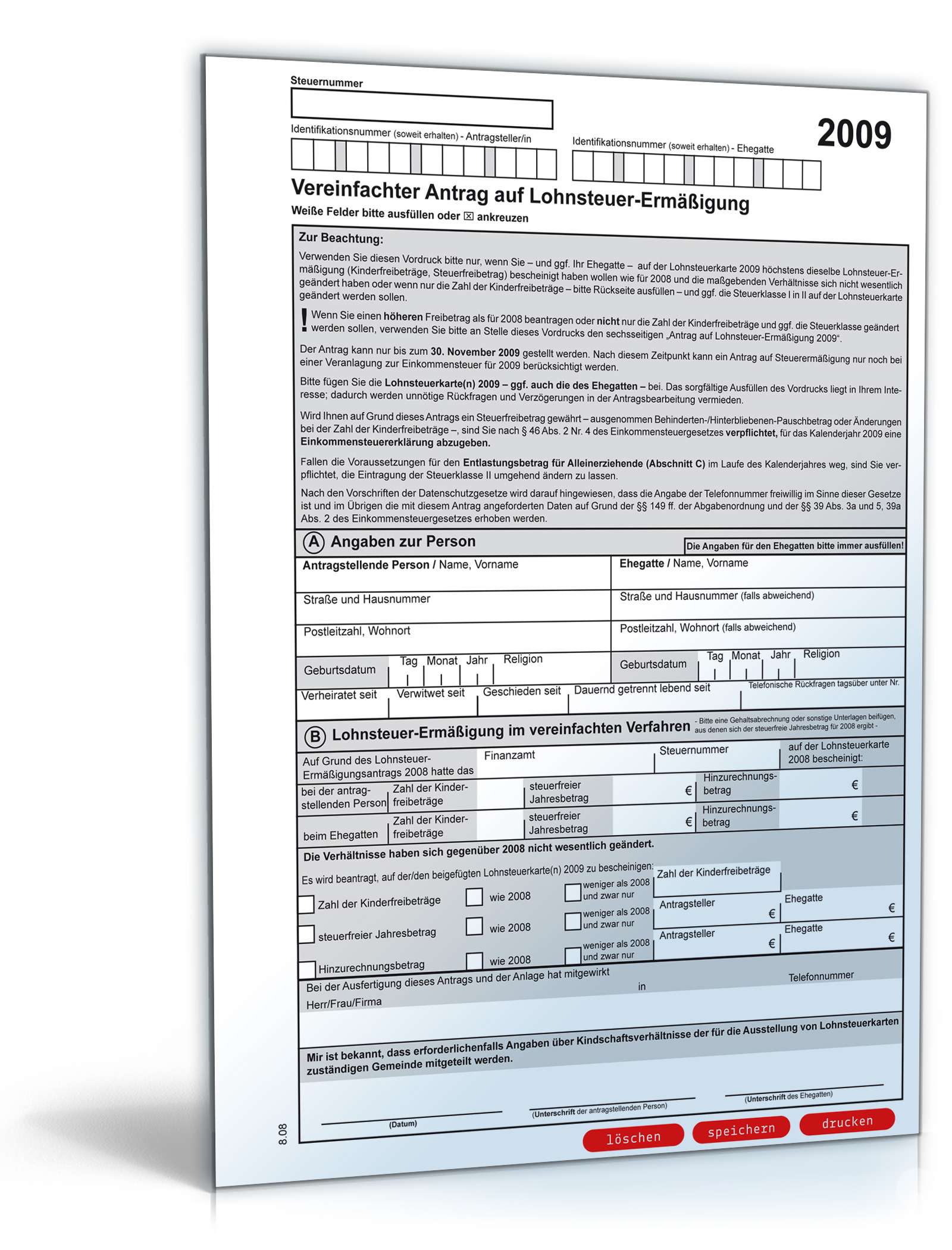 Hauptbild des Produkts: Vereinfachter Antrag auf Lohnsteuerermäßigung 2009