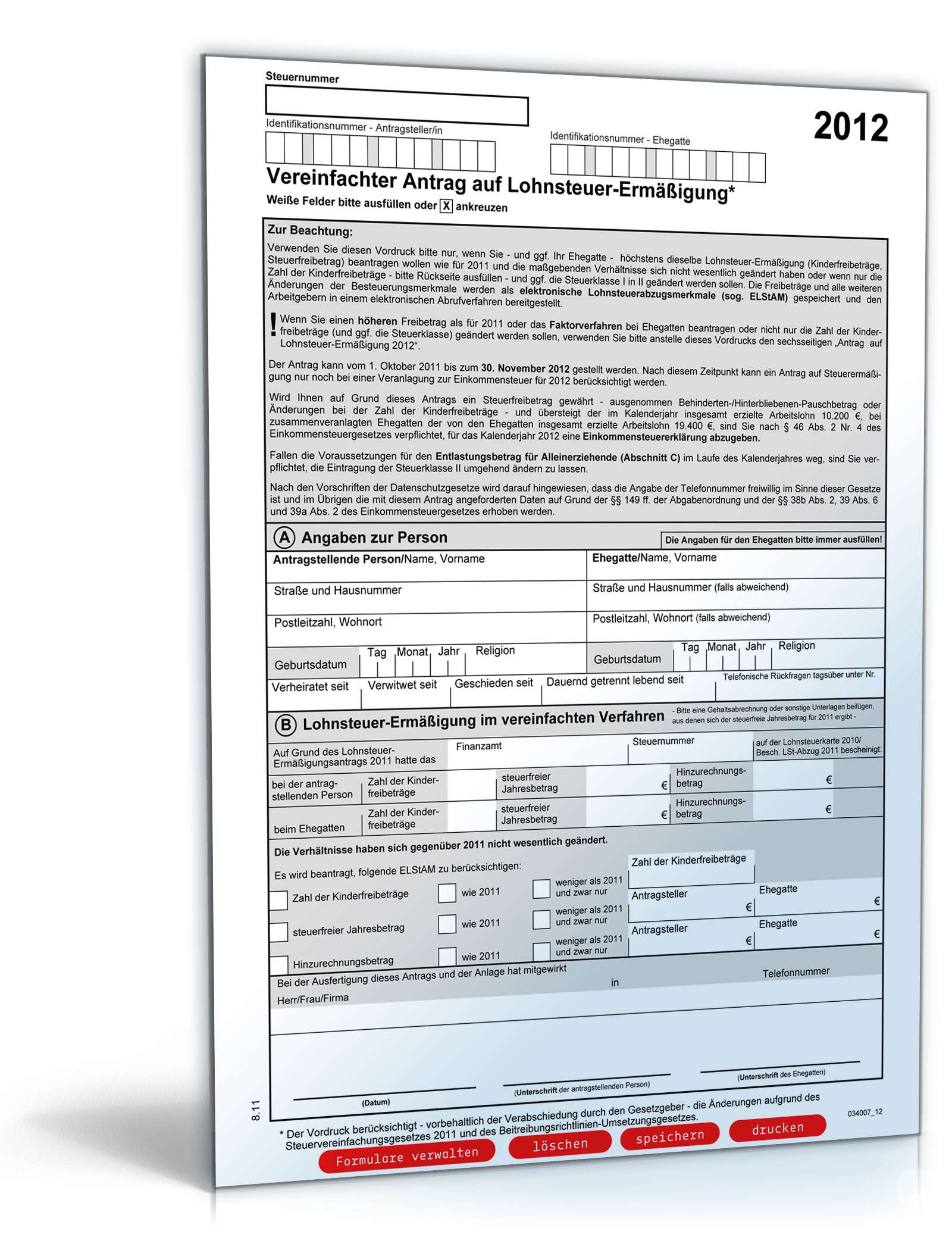 Hauptbild des Produkts: Vereinfachter Antrag auf Lohnsteuer­ermäßigung 2012