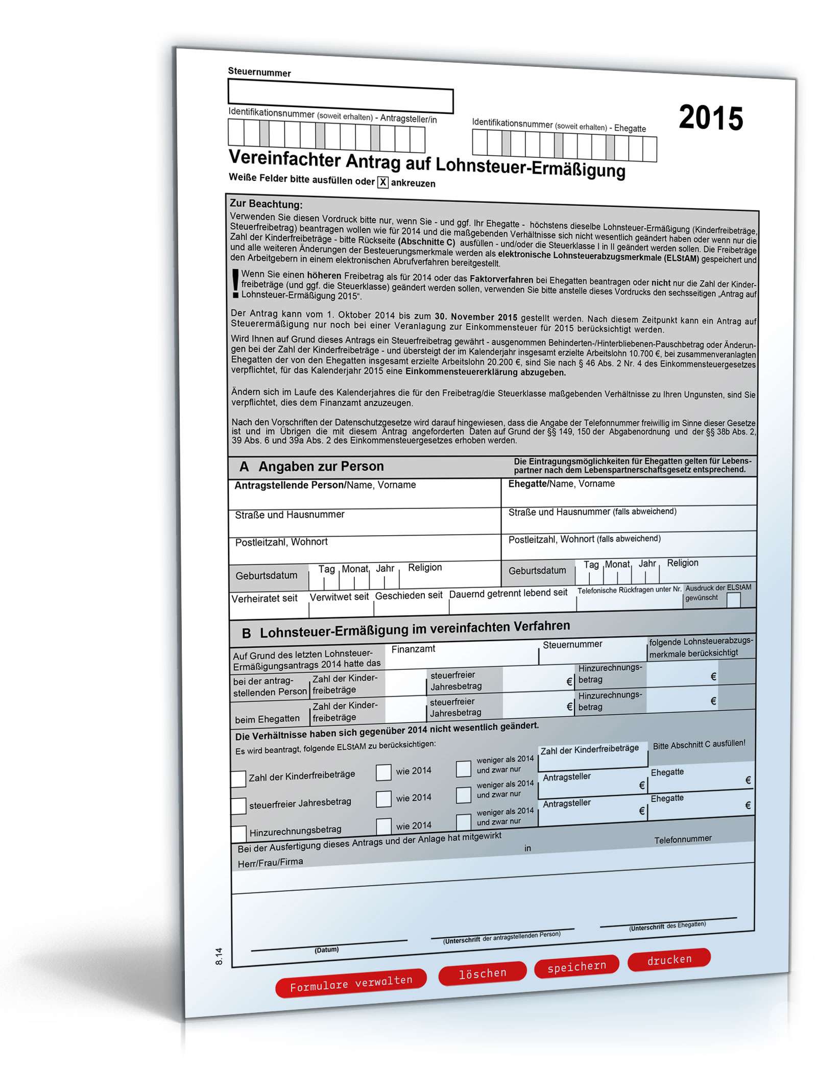 Hauptbild des Produkts: Vereinfachter Antrag auf Lohnsteuer-Ermäßigung 2015
