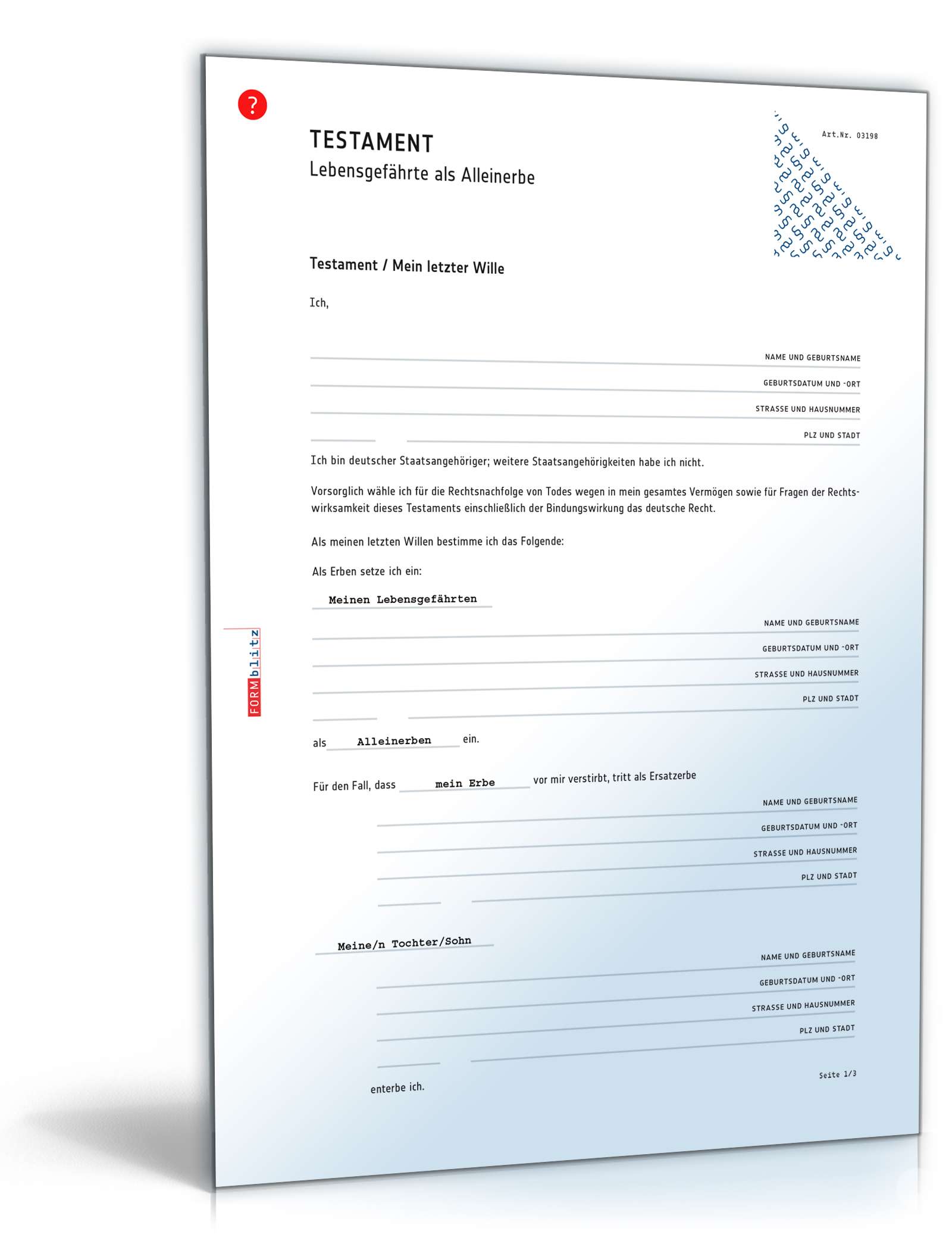 Testament mit Lebensgefährten als Alleinerbe | Muster zum Download