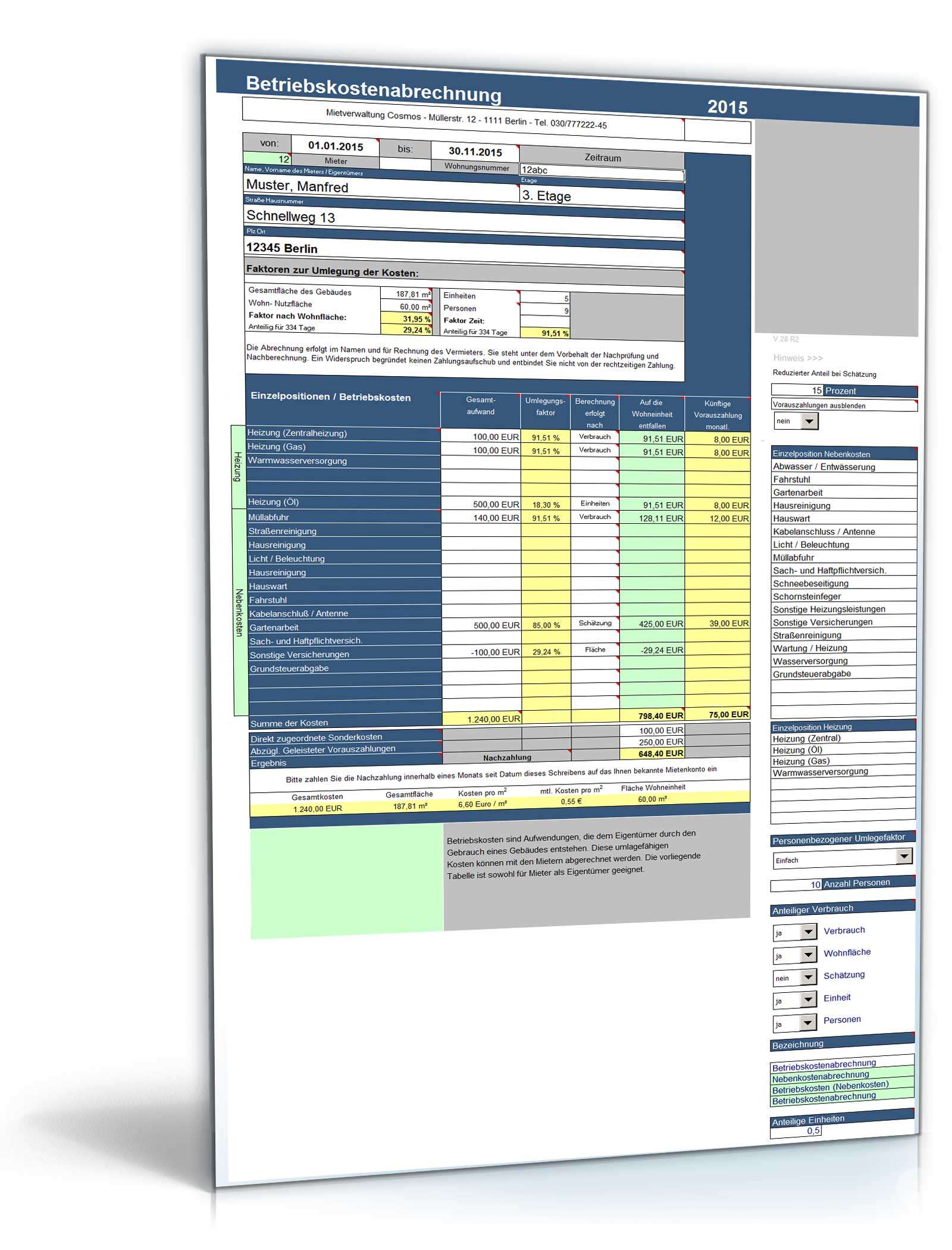 Betriebskostenabrechnung Deluxe unter Excel