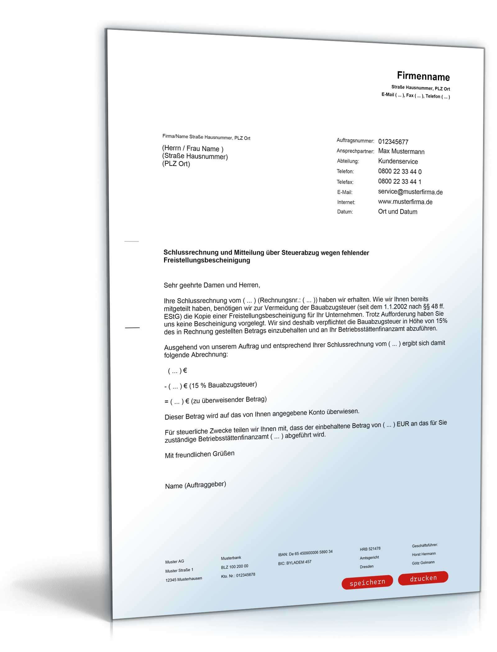 Schlussrechnung ohne Freistellungsbescheinigung | Muster zum Download