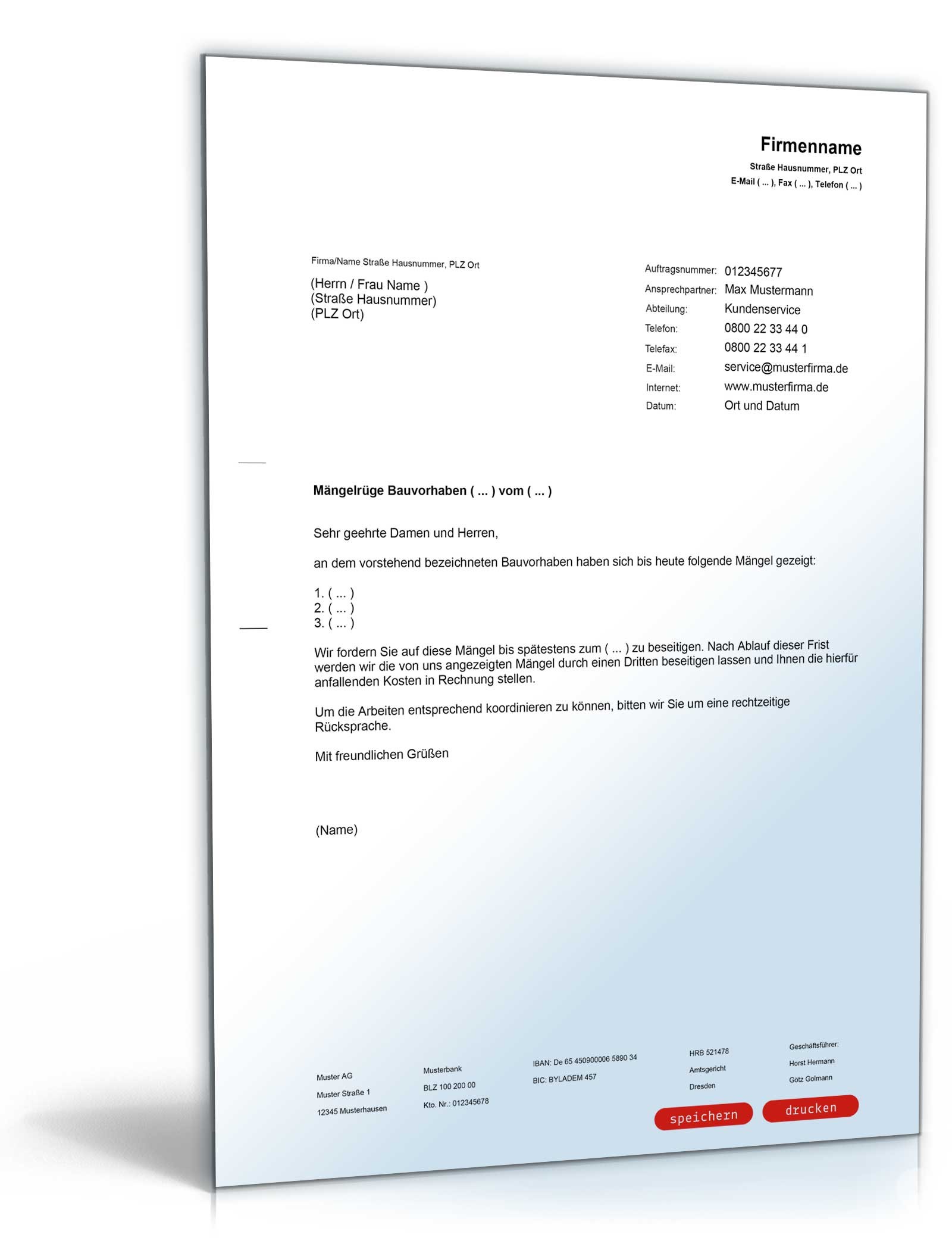 Mangelbeseitigungsaufforderung VOB Vertrag | Muster zum Download