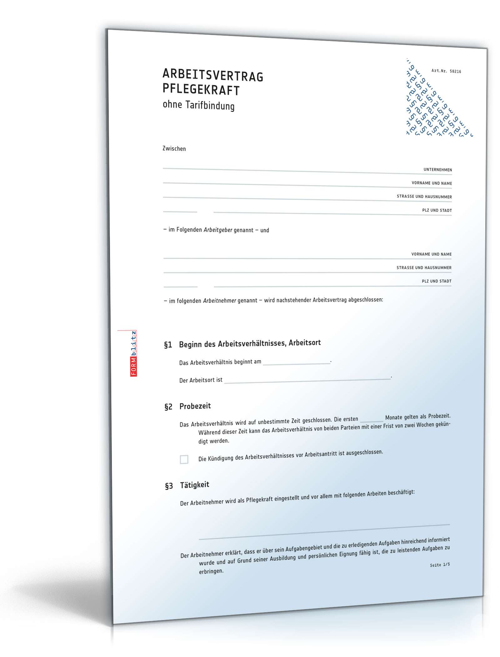 Arbeitsvertrag Pflege Vorlage