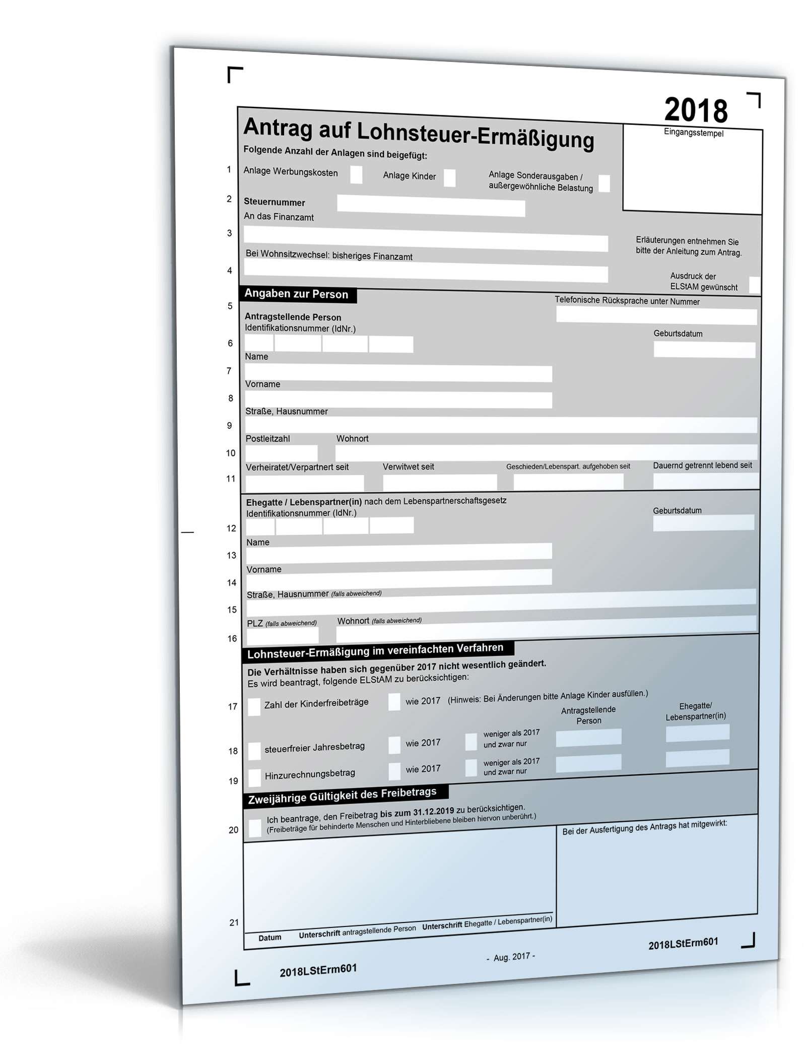Antrag auf Lohnsteuerermäßigung 2018 Formular zum Download