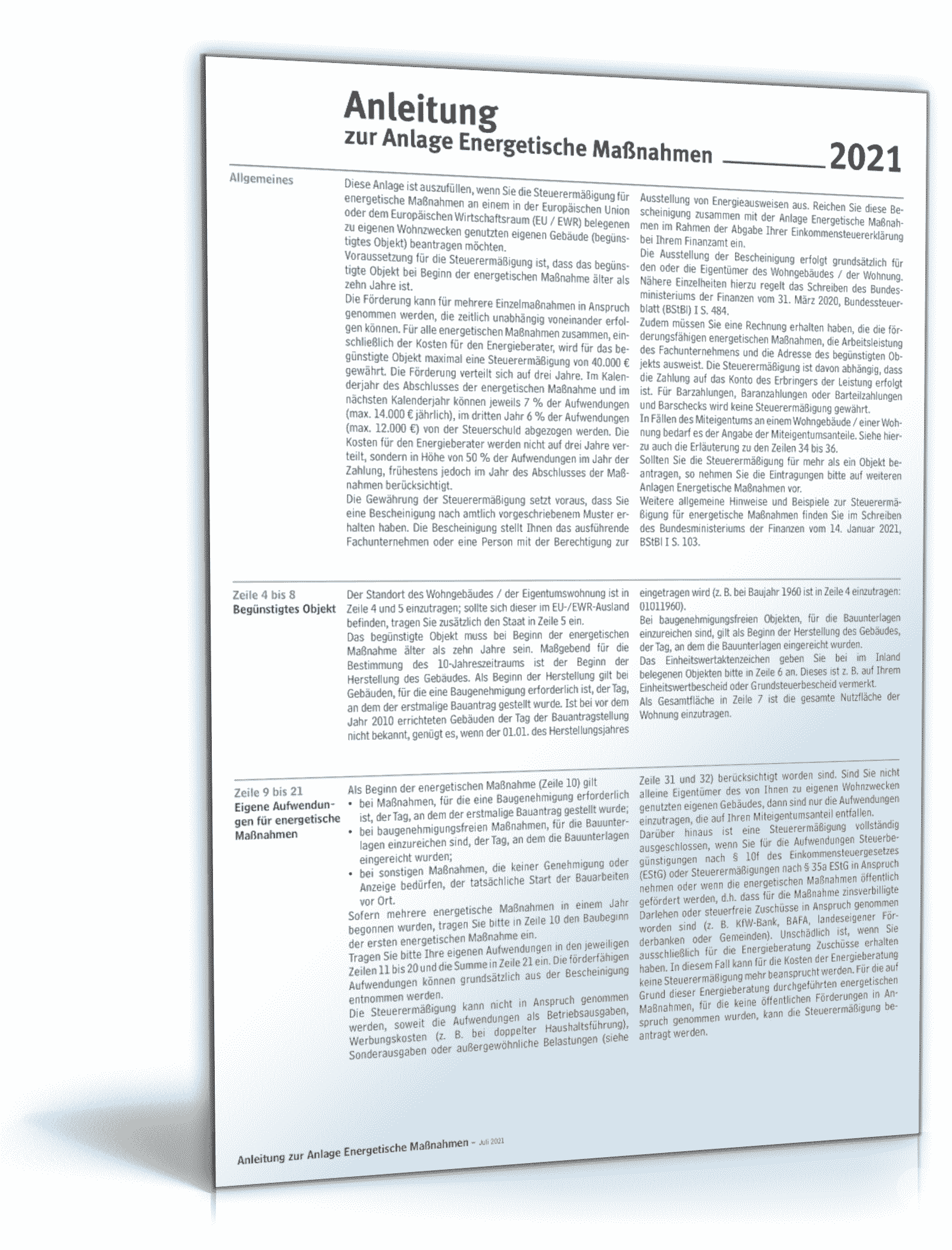 Anleitung Anlage Energetische Maßnahmen 2021 | Formular zum Download