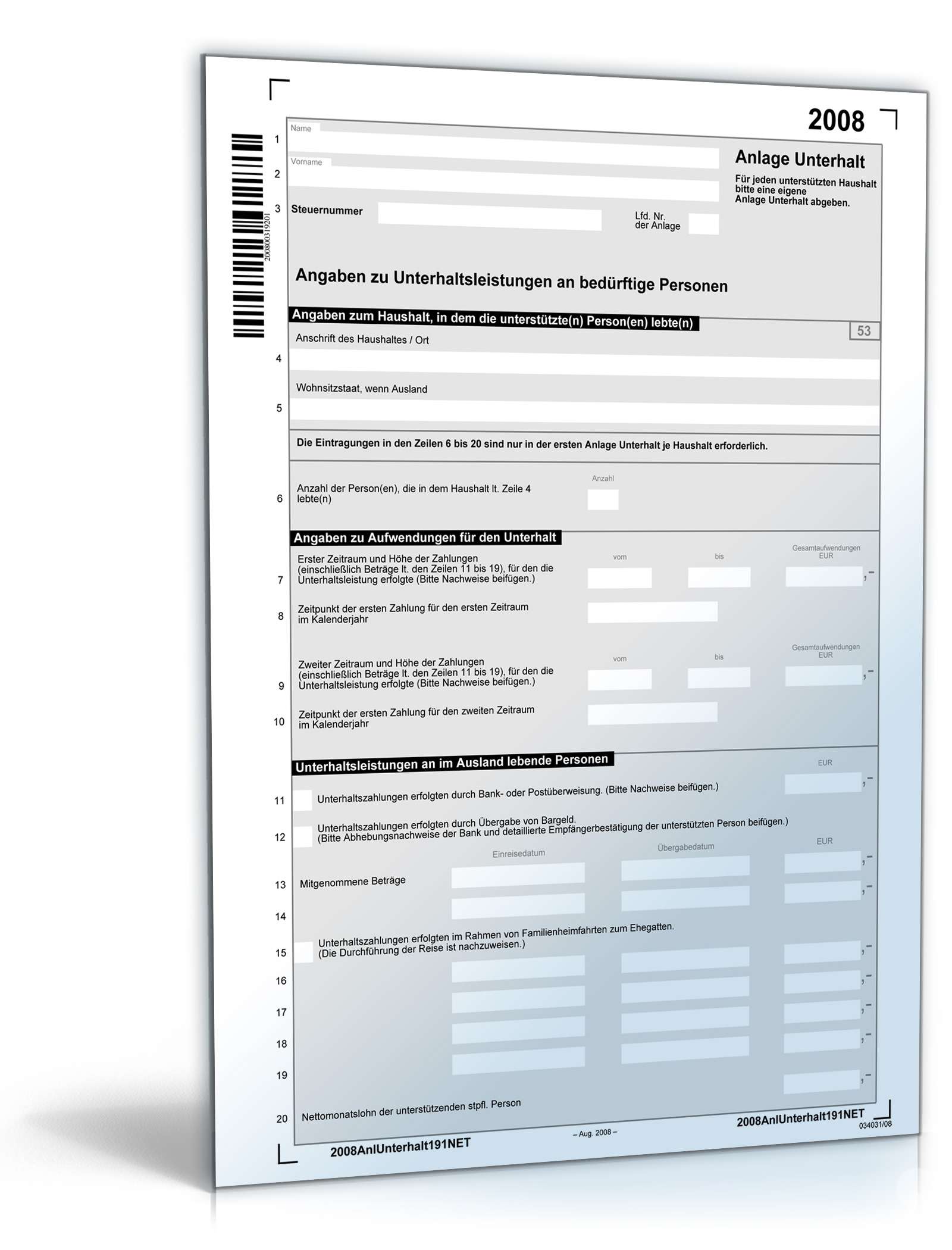 Anlage Unterhalt 2008 | Formular zum Download