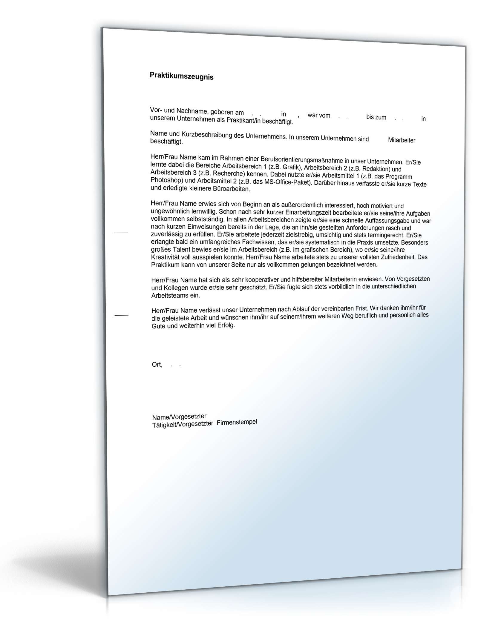 Praktikumszeugnis Sehr gut: Editierbares Muster als PDF & DOC