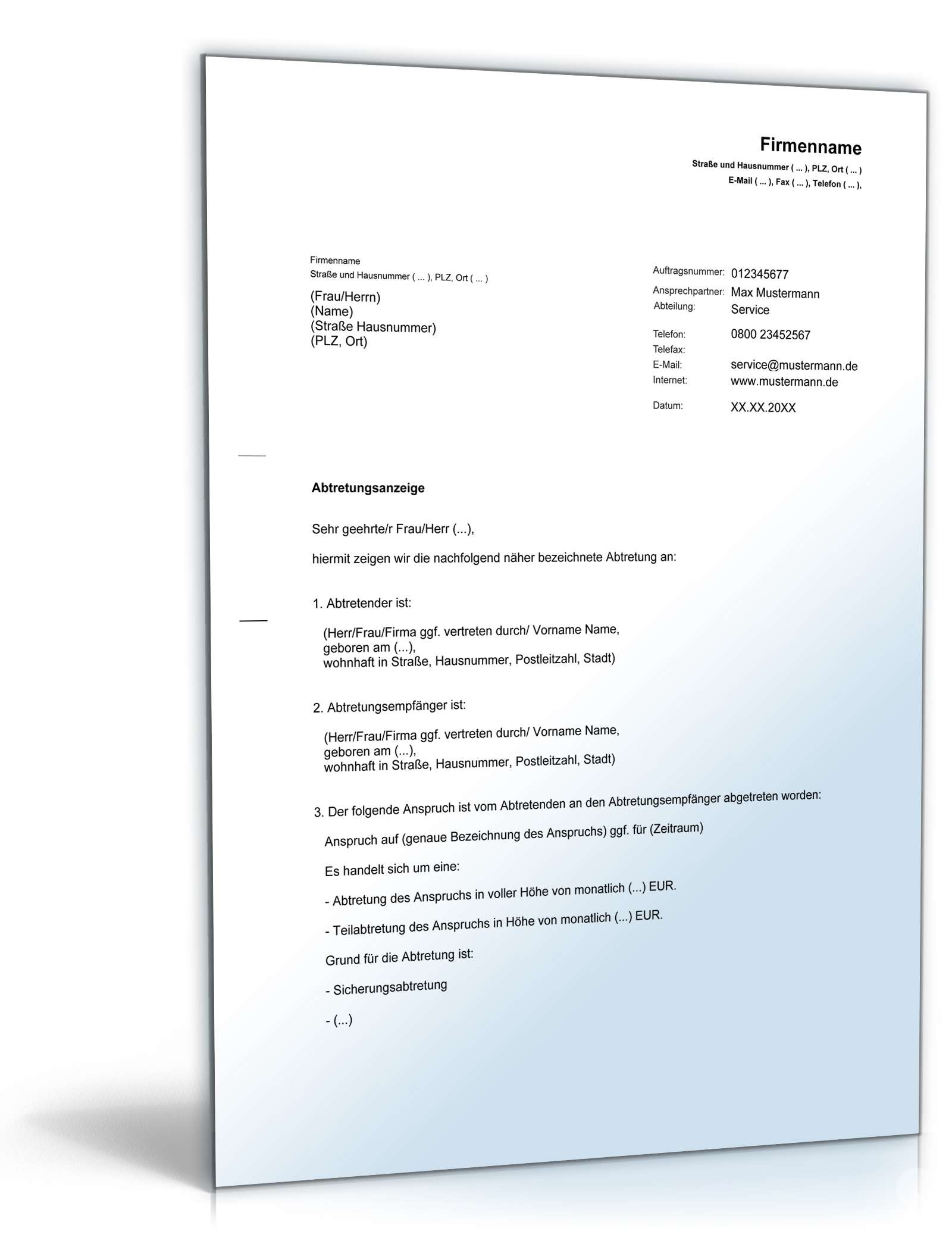 Allgemeine Abtretungsanzeige | Vorlage zum Download