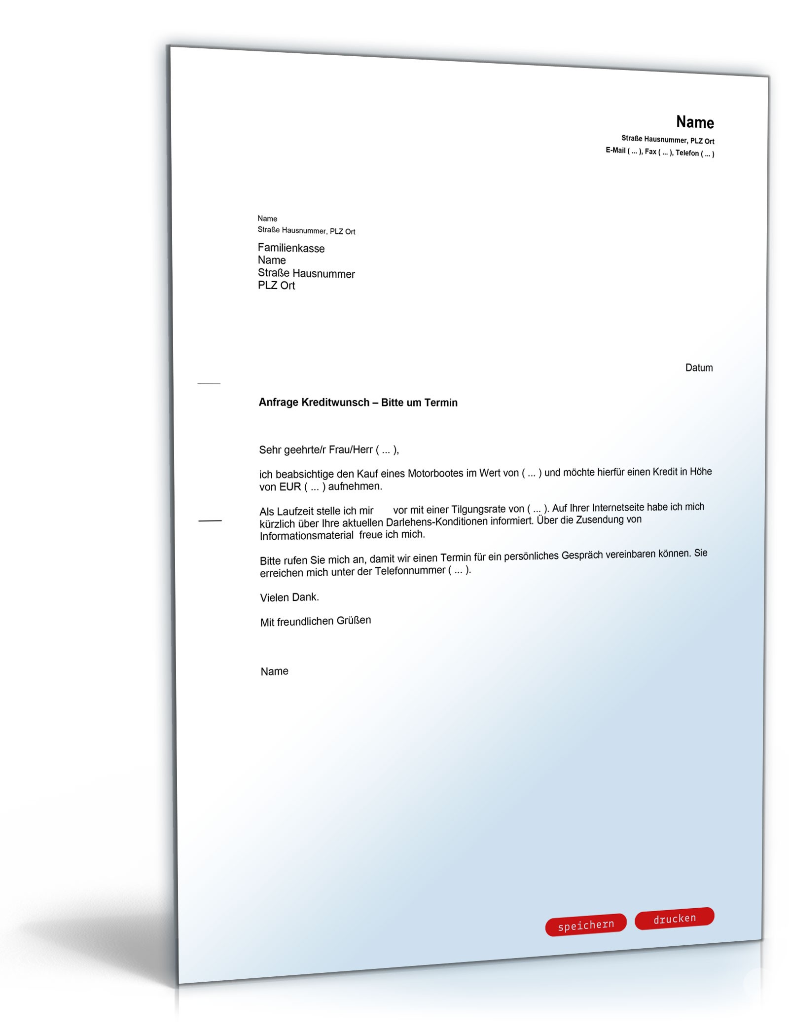 Anfrage Terminvereinbarung Kreditwunsch  Muster zum Download