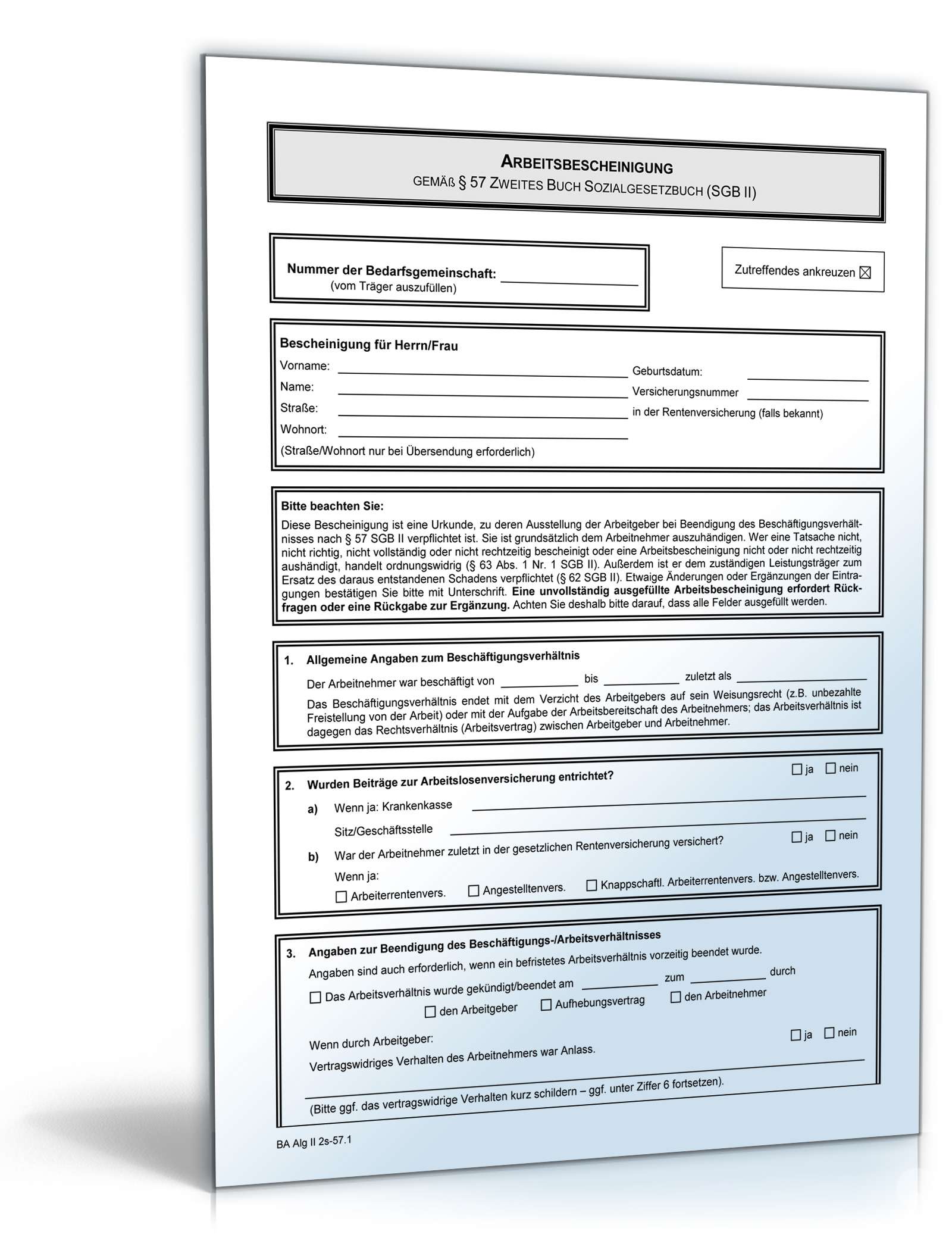 Arbeitsbescheinigung nach ALG II - Formular zum Download