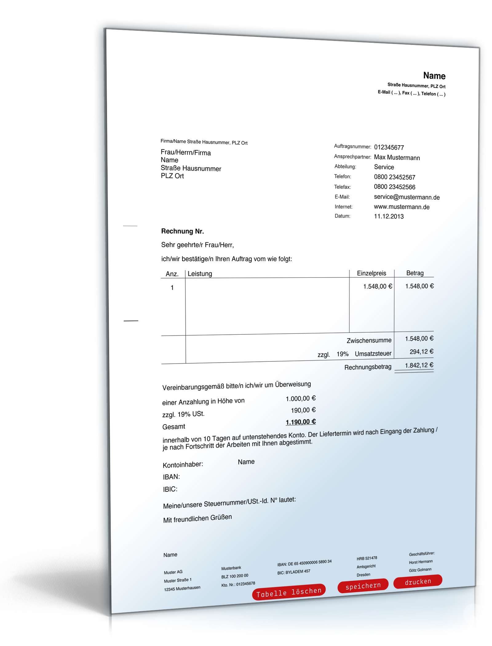 Anzahlungsrechnung Inland | Muster zum Download