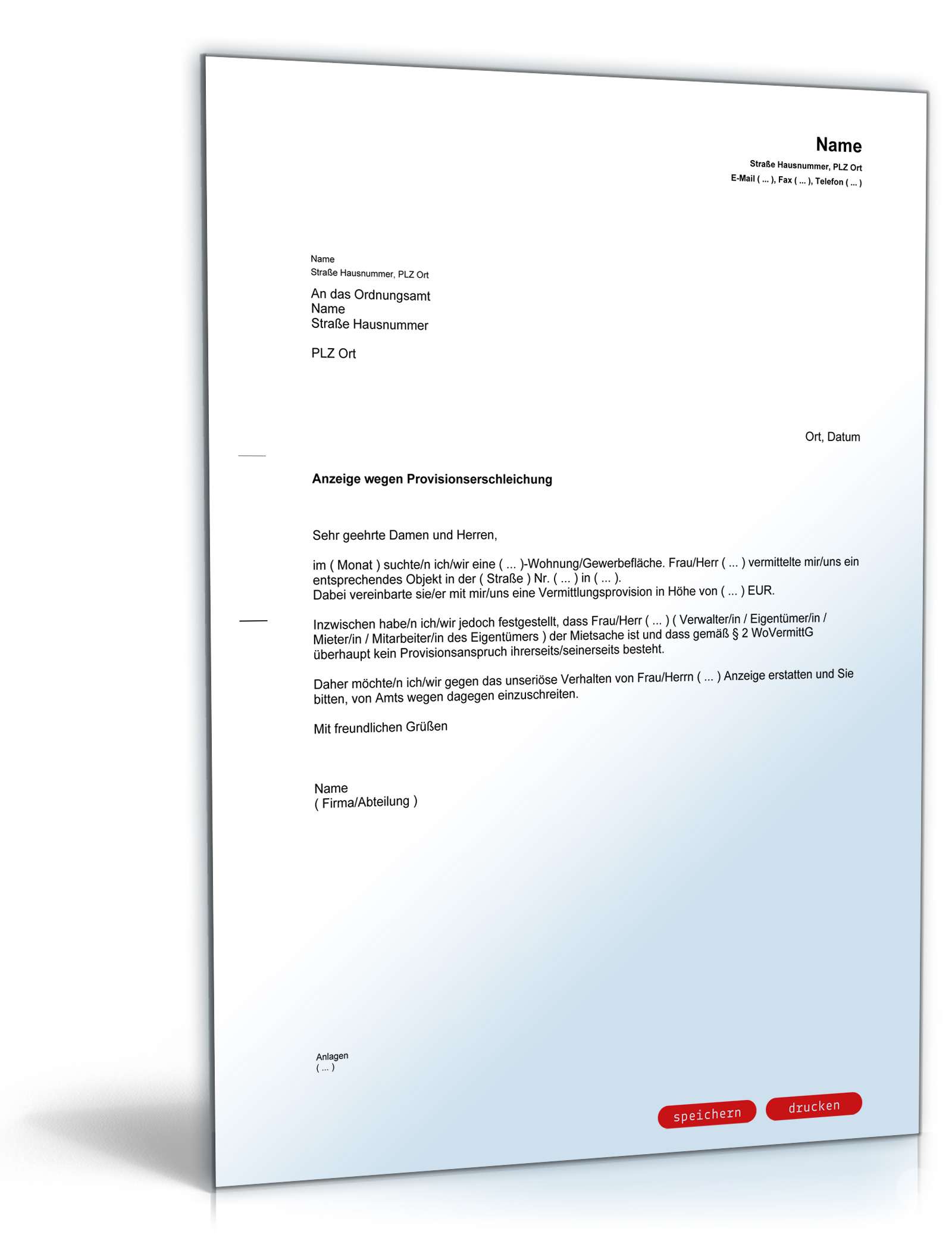 Anzeige wegen Provisionserschleichung Muster zum Download