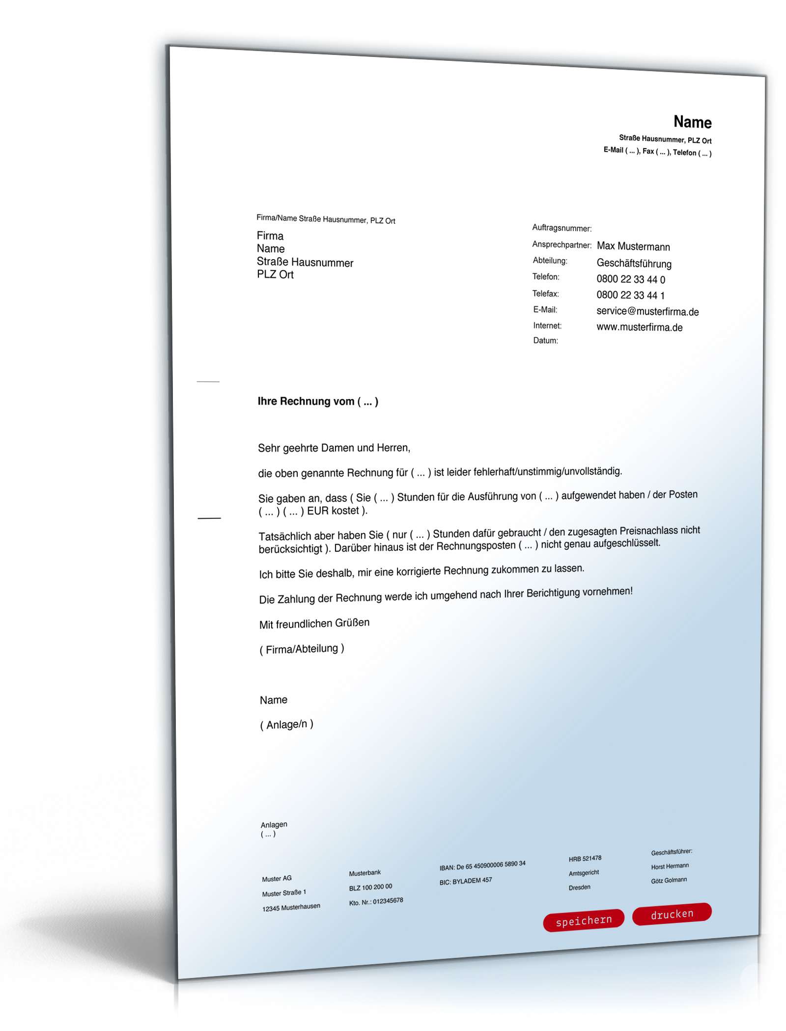 Aufforderung Korrektur Rechnung | Vorlage zum Download