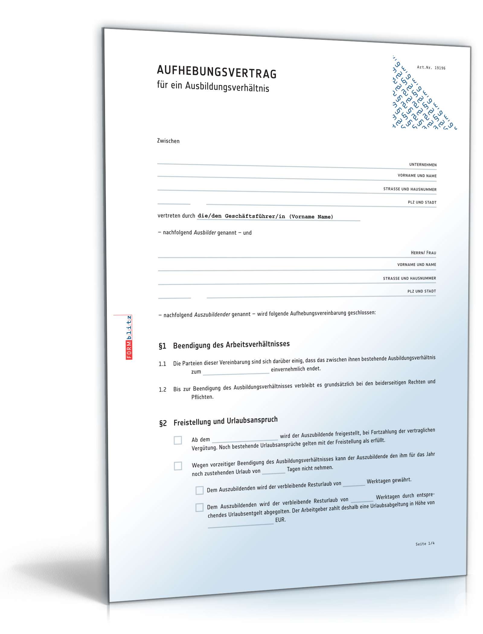 Aufhebungsvertrag Ausbildungsverhältnis | Muster zum Download