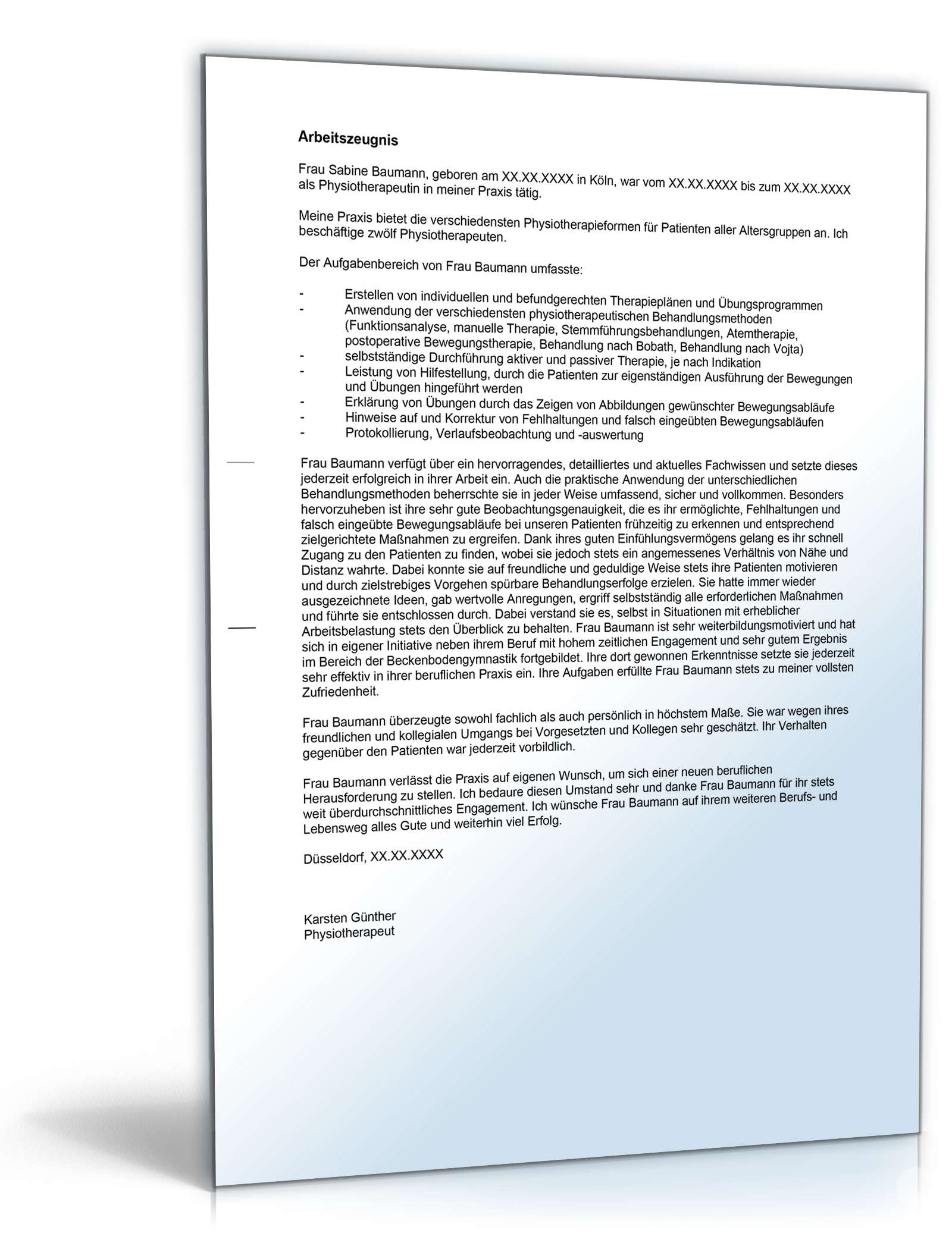 Arbeitszeugnis Physiotherapeut Note Eins  Vorlage zum Download