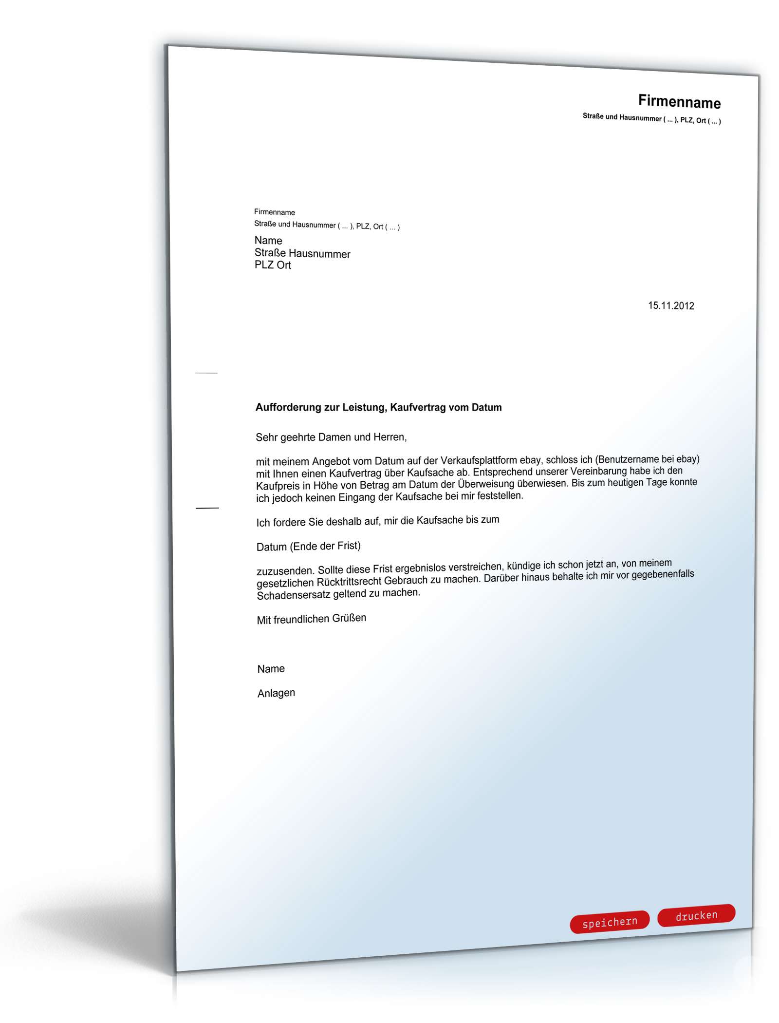 Aufforderung Lieferung Kaufsache | Muster zum Download