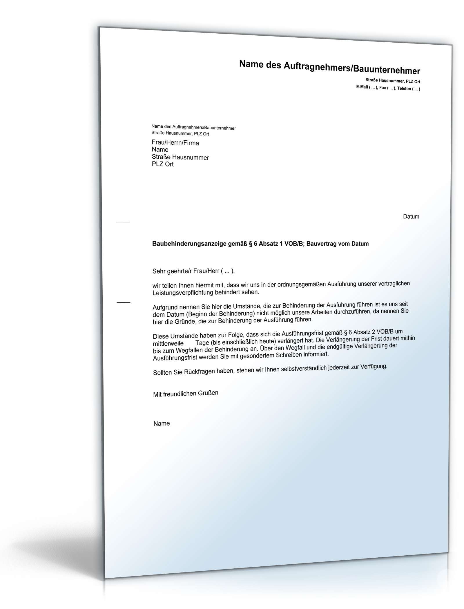 Baubehinderungsanzeige mit Fristverlängerung - Muster ...