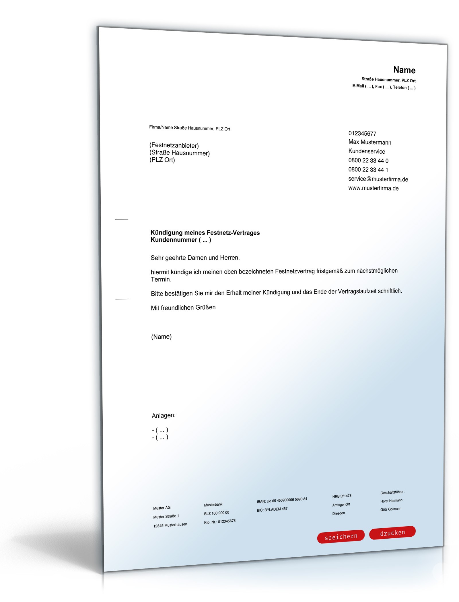 Fristgemäße Kündigung Vorlage zum Download