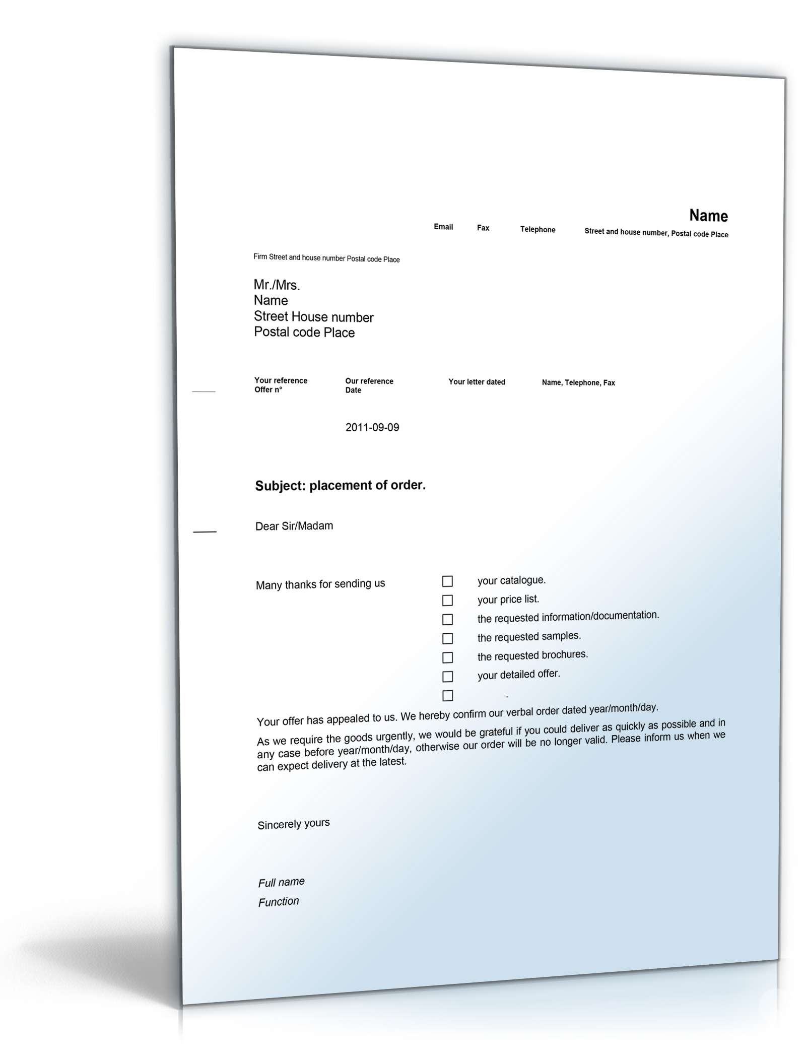 Auftragsbestätigung auf Englisch (Order placement)