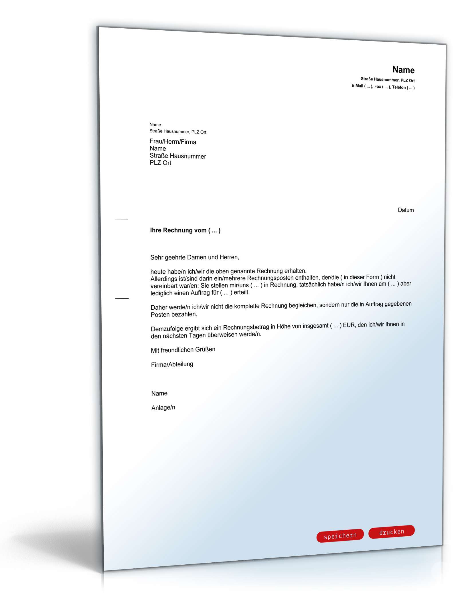 Zurückweisung Rechnung für Mehrleistungen | Muster zum ...