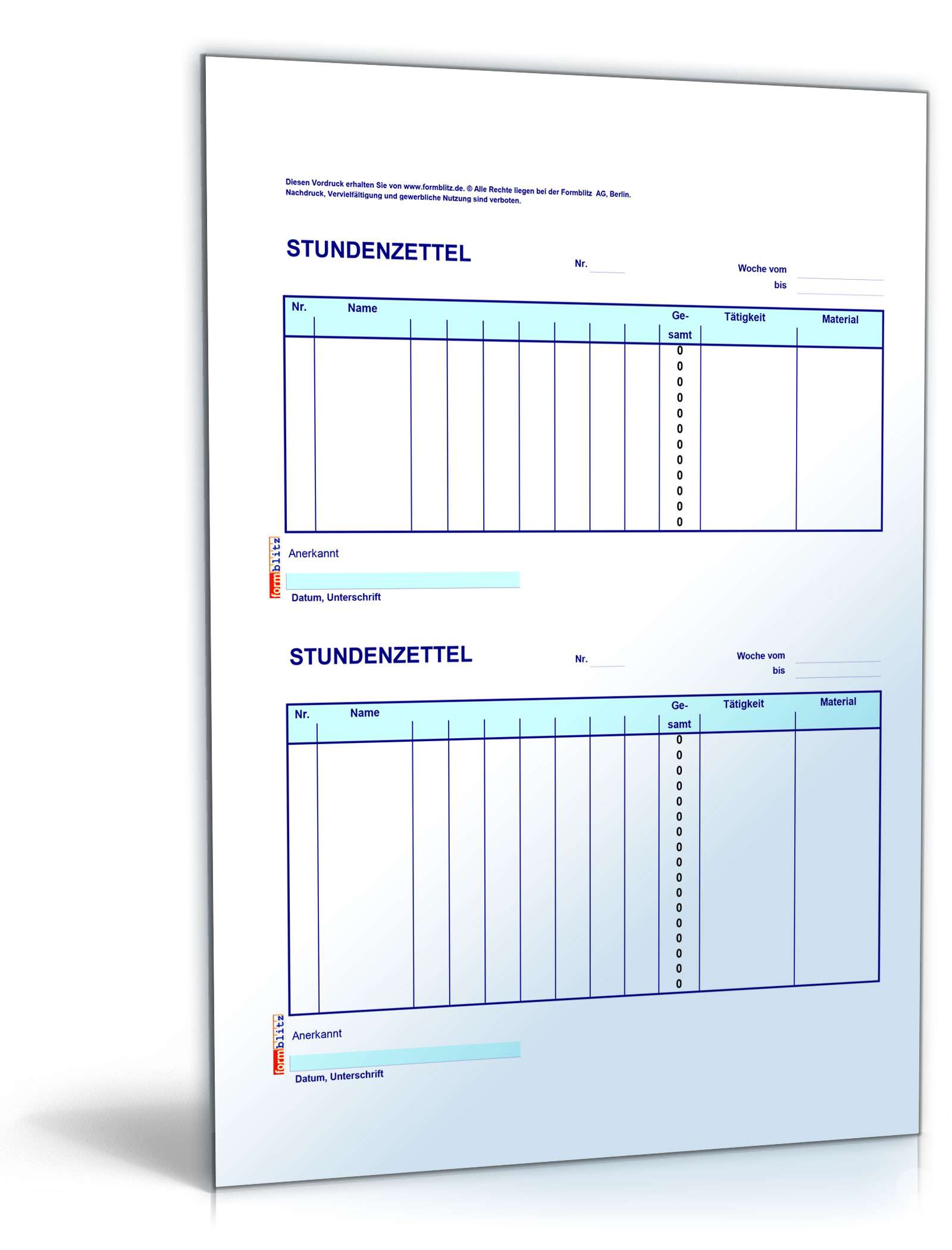 Stundenzettel Kolonne (2x12) | Muster zum Download