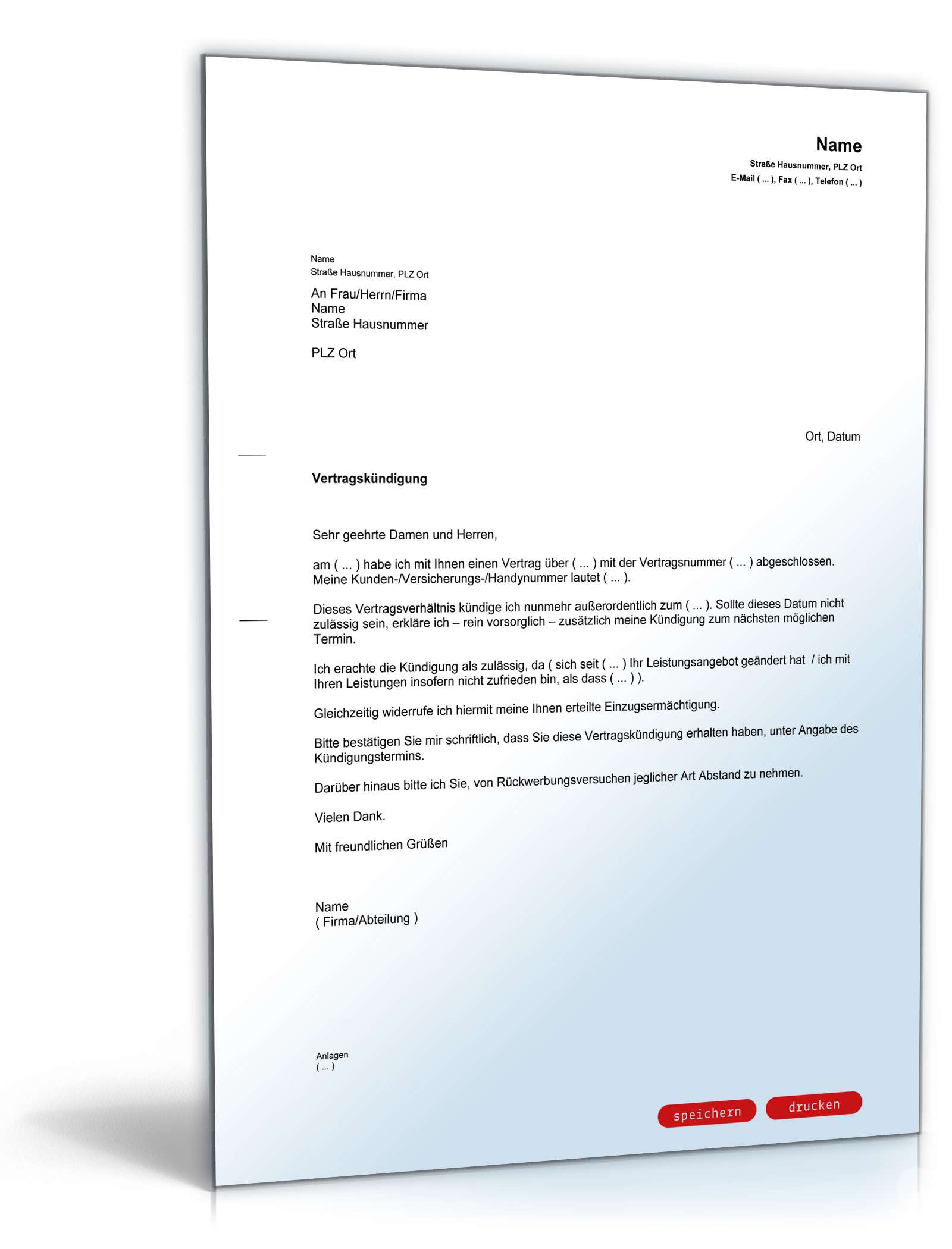 Fristlose Kündigung Vertrag Muster zum Download