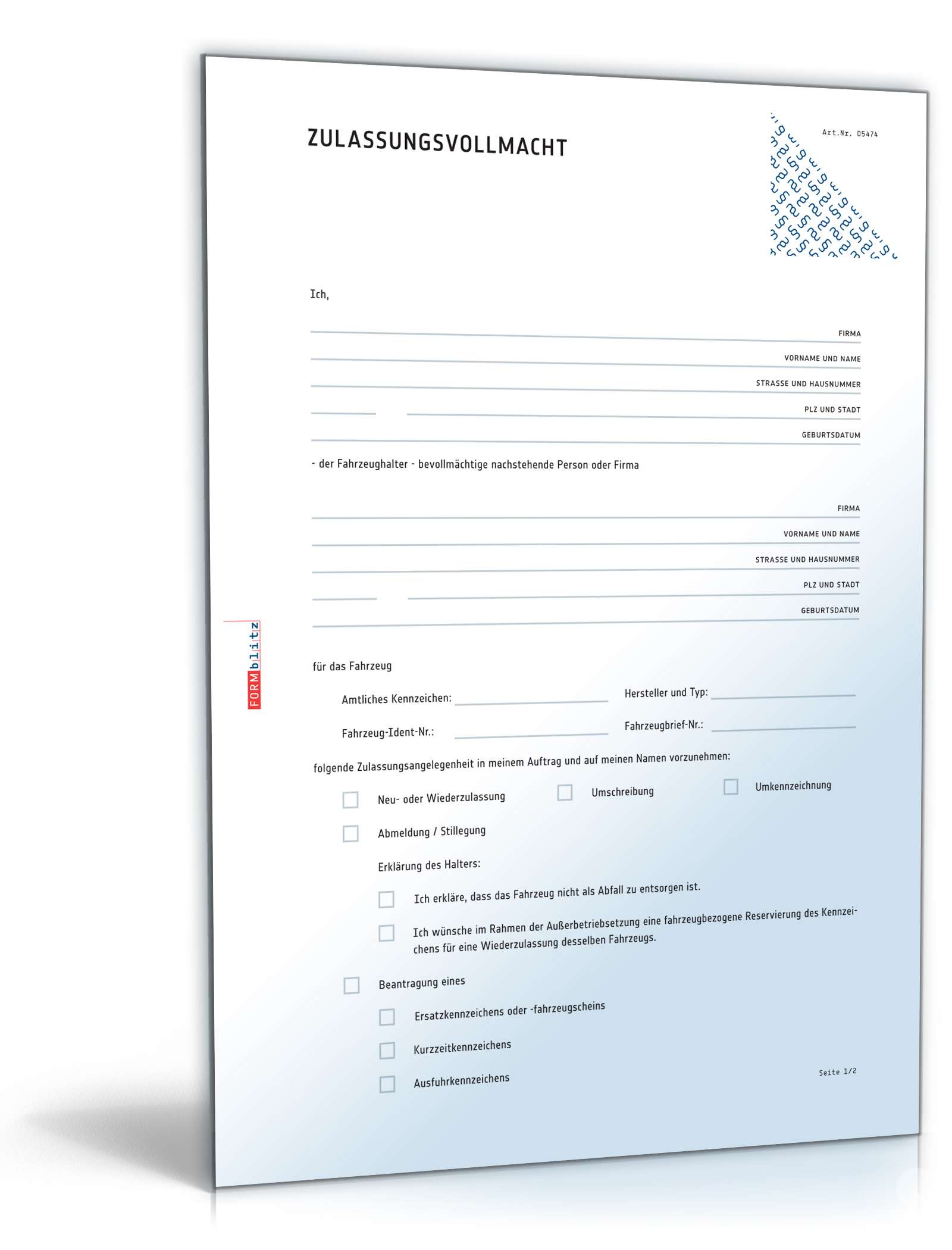 Kfz-Zulassungsvollmacht | Muster zum Download - Formblitz
