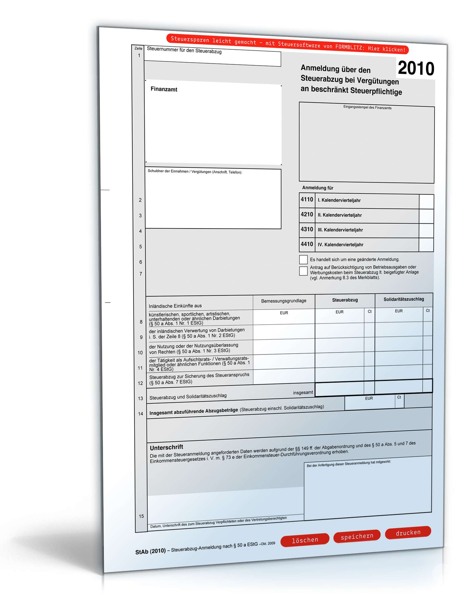 Hauptbild des Produkts: Anmeldung über den Steuerabzug bei Vergütungen (2010)