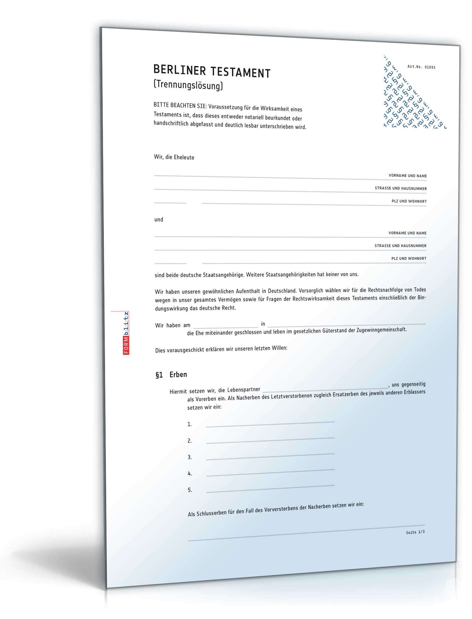 Berliner Testament Trennungslosung Muster Zum Download